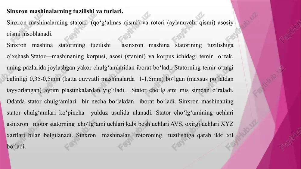 cho‘lg‘ami xosil qilgan magnit maydonning qutb bo‘linmasi bo‘ylab tarqalishi 32-2 rasmda keltirilgan. rasmdagi 1 – chiziq qo‘zg‘atish cho‘lg‘amining magnit maydon induksiyasini bf yakorning yuzasida tarqalishini ko‘rsatadi. maydon induksiyasini qutb bo‘linmasi davomida sinusoidal ko‘rinishda tarqalishini tahminlash uchun mashinani ishlab chiqarishda kerakli konstruktiv tadbirlar bajarilishi xaqida o‘tgan mavzularda aytib o‘tilgan edi. lekin maydon induksiyasini to‘la sinusoidal ko‘rinishda tarqalishini tahminlash ancha murakkab. shuning uchun qo‘zg‘atish cho‘lg‘amining magnit maydonini birinchi asosiy va yuqori tartibli garmonikalarga yoziladi. bu garmonikalar yakor cho‘lg‘amida asosiy garmonikadan tashqari e.yu.k. ning yuqori tartibli garmonikalarini induksiyalaydi. avtonom ishlayotgan sinxron generatorning asosiy tavsiflari. reja: 1.sinxron generatorning ish xossalari va uning tavsiflari. 2.yuksiz ishlash simmetrik kiska tutashuv yuklanish tashki va rostlash tavsiflari. 3. sinxron mashinaning sinxronlovchi quvvati va momenti. 4. sinxron generatorlarni paralel ishlashga ulash sinxron generatorning elektromagnit momenti sinxron mashina generator sifatida ishlaganda tashqi zanjirga p2=muicos ga aktiv kuvvatni beradi. bundan tashqari stator cho‘lg‘amidan yuk toki okib o‘tganda uning aktiv qarshiligida quvvatning …