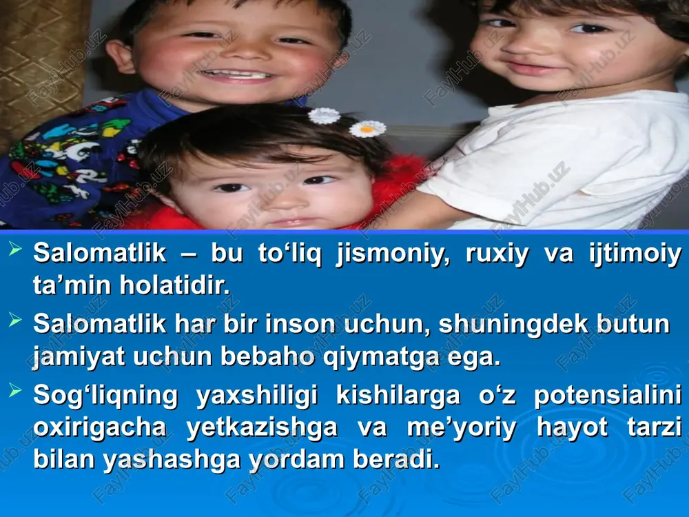 foydalana olishi muhim ahamiyatga egadir. shaxsiy gigiyena vositalari kun tartib/g ahamiyati kun tartib/g fiziologik asoslari-odam/g kun davomidagi faoliyatlar/g ketma-ketligi va davomiyligiga nisbatan fiziologikreaksiyalar asosida stereotip/g shakllanishi insonga bog‘liq bo‘lgan kun tartibi/g asosiy elementlari: -yetarlicha uyqu -ma’lum vaqtda uyqudan uyg‘onish -ertalabki badan tarbiya va yuvinish -belgilangan vaqtlarda ovqatlanish -jismoniy tarbiya va sport bilan shug‘ullanishga vaqt ajratish -toza havoda bo‘lish -uyquga o‘z vaqtida yotish uash- vazifalari * badanni chiniqtirish prinsiplari 1. badantarbiya qancha erta boshlansa, shuncha samarali bo‘ladi 2.badantarbiyada asta-sekinlik prinsipiga rioya qilish ya’ni yengil mashqlardan og‘ir mashqlarga astalik bilan o‘tish. 3.badanni chiniqtirish muntazam bo‘lishi kerak; uni uzib qo‘yish, yangitdan boshlash demakdir. 4.eng samarali chiniqish, agar chiniqtiruvchi omillardan kompleks foydalanilganda sodir bo‘ladi. * jismoniy tarbiya va sport jismoniy tarbiya– jismoniy mashqlarni bajarish, ularning bajarilish harakteri va davomiyligi yoshga, shaxsning holatiga, yil fasliga, turmush sharoitlariga bog‘liq ertalabki badantarbiya, piyoda yurish, yengil yugurish, ishlab chiqarishga oid gimnastika, davolash gimnastikasi). jismoniy tarbiya bilan hamma shug‘ullanishi …