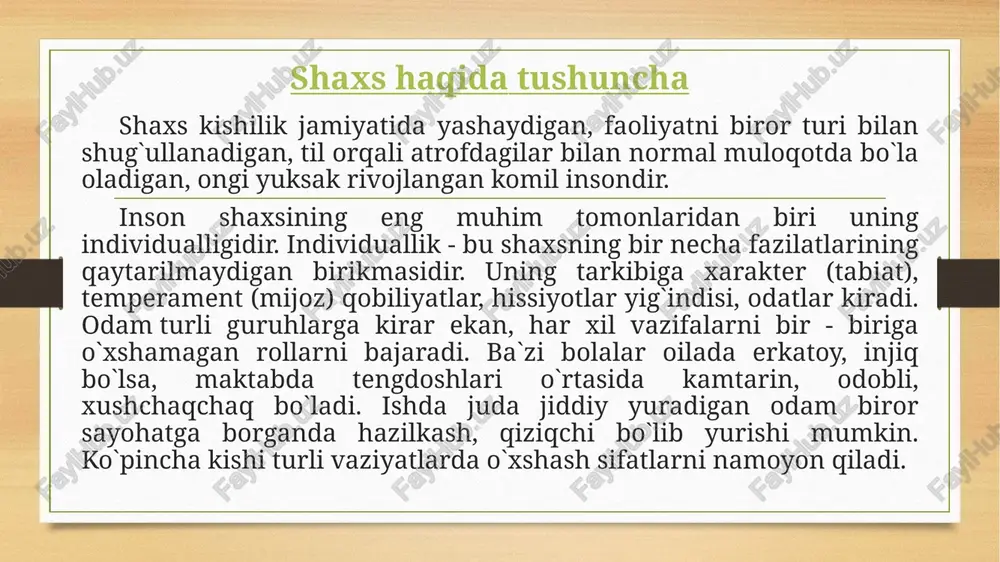 lgan motivlar bo`lishi mumkin. motivlar anglanilgan va anglanilmagan bo`lishi mumkin. anglanilmagan motivda odam nimanidir istaydi, ammo o`sha narsa nimaligini tasavvur qila olmaydi motivlar inson shaxsi xulq - atvorini va turli faoliyatlarini harakatga keltiruvchi sabablardir. xatti - harakatlarning muhim motivi e`tiqoddir. etiqod- shaxsni o`z qarashlari, tamoyillari, dunyoqarashlariga mos ravishda harakat qilishga undovchi anglanilgan ehtiyojlar tizimidir. tilaqlar ham xatti - harakat motivlari bo`lib, bu motivlarda mazkur vaziyatda bevosita bo`lmagan yashash va taraqqiy etish sharoitlarida ehtiyojlar o`z ifodasini topadi. shaxsning shakllanishiga ta`sir qiluvchi omillar jon lokk yangi tug`ilgan bolaning miyasini toza taxtaga o`xshatadi. go`yoki, uning miyasiga kattalar xohlagan narsasini yozishlari mumkin. ular tajribani ikkiga ajratadilar: tashqi va ichki tajriba. yo`nalish tarafdorlarining fikricha, tashqi tajriba - bu moddiy dunyoni narsalarning ta`siridan hosil bo`ladigan bizning sezgilarimizdir. ichki tajriba esa ruxning mustaqil harakatidir. buni refleksiya deb ataydilar. ular tashqi tajriba - sezgilar ichki tajriba-refleksiya bir - biriga bog`liq emas, degan fikrga o`tib ketdilar. ular shaxsning tarkib …