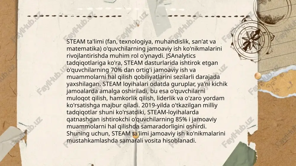 vchi va talabalar fikrlash qobiliyatlarini kengaytirish uchun xizmat qiladi. fanlararo integratsiya orqali o‘quvchilarning 70 foizi mavzularni yaxshiroq o‘zlashtiradi. misol uchun, matematika va biologiya birikmalari orqali biologik modellarni matematik tarzda tahlil qilish imkoniyati paydo bo‘ladi. ushbu yondashuvni muvaffaqiyatli amalga oshirish uchun o‘qituvchilar uchun maxsus treninglar o‘tkaziladi, bu esa ularning qobiliyatlarini 40 foizga yaxshilaydi. integratsiya natijasida, dars jarayonida foydalaniladigan innovatsion usullar, o‘quvchilarning yaratish va tahlil qilish qobiliyatlarini 60 foizga oshiradi. shu tariqa, fanlararo integratsiya ta’lim sifatini yaxshilash uchun muhim vosita bo‘lib qoladi. ... t.me/slaydai_bot steam ta'limi (fan, texnologiya, muhandislik, san'at va matematika) nazariy va amaliy bilimlarni yagona tizimga birlashtirishga qaratilgan. oʻquvchilar nazariy bilimlarini real hayotdagi muammolarni hal qilishda qoʻllashlari uchun imkoniyat yaratadi. masalan, muhandislik loyihasi doirasida matematika va fizikadan olingan nazariy bilimlarni amaliyotda qoʻllash orqali oʻrganish chuqurlashadi. steam ta'limi oʻquvchilarning kreativligini va muammolarni hal qilish boʻyicha ko'nikmalarini rivojlantirishga hissa qoʻshadi. 2022 yilda, ushbu yondashuvni qabul qilgan maktablarning 70% oʻquvchilari muhim fanlar boʻyicha …