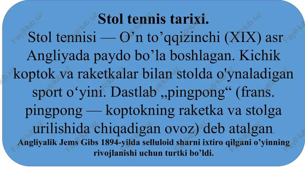 ayev f., raximqulov k.d. «sport o’yinlari va uni o’qitish metodikasi» ilm-ziyo nashriyoti toshkent 2011 y. 4 tennis goziev n.i. va boshqalar toshkent izdim ibn sino 5 tennis. ruznoma. 1998 yil sentyabr maxsus soni 6 a istomen, ch.alimxodjayev, v.buzerxov o.burxonov. tenns o’yoninig xalqaro standatrtlari toshkent 2011y. (risola) tavsiya qilinadigan qo‘shimcha adabiyotlar 1 sport o’yinlari va uni o’qitish metodikasi e.j.xolmirzayev 2011 yil 2 k.d.rahimqulov «harakatli o’yinlar» (ma’ruzalar matni) tdpu nashriyoti 2001 y. 3 xo’jayev f., murodov m., mirsolixov s. «halq milliy o’yinlari 1-qism». xtxmomi nashriyoti toshkent 2001 y. 4 k.d.rahimqulov «kichik yoshdagi bolalarning qaddi-qomatini rivojlantirishga mo’ljallangan mashqlar va harakatli o’yinlar» tdpu nashriyoti 2001 y. 5 t.s.usmonxujayev, x.meliyev «milliy harakatli o’yinlar» t. «o’qituvchi» 2000 y. dastur mualliflari: m.b.ergasheva. e-mail: madinabaxriddinovna@gmail.com. tashkilot: o’zbekiston-finlandiya pedagogika instituti, aniq-tabiiy fanlar va jismoniy madaniyat fakulteti sport turlarini o’qitish metodikasi kafedrasi. image1.jpeg image2.jpeg image3.jpeg image4.jpeg image5.jpeg image6.jpeg image7.jpeg image8.jpeg /docprops/thumbnail.jpeg ‘o’zbekiston respublikasi oly va o'ta maxsus tai vaziligi 0 …