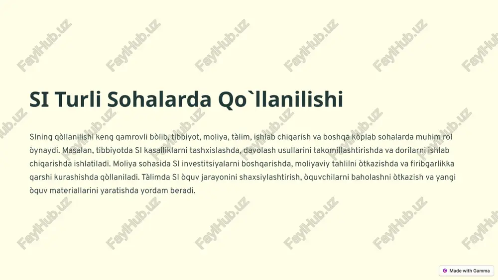 ga kattata`sir ko`rsatishga qodir yangi texnologiyalardir. ular hayotni o`zgartirish, yangi imkoniyatlar yaratish va murakkab muammolarni hal qilish imkoniyatiga ega. ammo, ularning rivojlanishi ehtiyotkorlik bilan boshqarilishi va unga oid xavflarni kamaitirish choralari ko`rilishi kerak. si va chatgptning kelajagi nihoyatda keng va noaniqdir, lekin biz ularning rivojlanishini kuzatib borish va jamiyatga musbat ta`sirini ta`minlash uchun harakat qilishimiz kerak. 10 image-1002-1.png image-1-1.png image-1003-1.png image-1004-1.png image-1005-1.png image-4-1.jpeg image-1006-1.png image-1007-1.png image-6-1.jpeg image-1008-1.png image-7-1.jpeg image-1009-1.png image-8-1.jpeg image-1010-1.png image-9-1.jpeg image-1011-1.png @ made with gamma @ made with gamma @ made with gamma @ made with gamma @ made with gamma @ made with gamma @ made with gamma @ made with gamma wl, @ made with gamma @ made with gamma