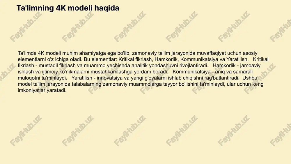 tikal fikrlash, hamkorlik va ijodkorlik kabi ko'nikmalarni rivojlantirish imkonini beradi. ushbu modelni qo'llash orqali talabalar real hayotdagi muammolarni hal qilishda faol ishtirok etadilar. loyiha asosida o'qitish metodikasida 4k modelining qo'llanilishi muvaffaqiyatli natijalarga olib keladi. 4k modelining amaliy ta'limdagi roli o'qituvchilarga o'quv jarayonini interaktiv va student markazli qilish imkonini beradi. bu esa ta'lim sifatini yanada oshirishga xizmat qiladi. kritikal fikrlash kritikal fikrlash muammo yechishda tahlil qilish, baholash va mustaqil fikr yuritishni o'z ichiga oladi. ta'limda bu o'quvchilarga mustaqil va tanqidiy fikrlashni rivojlantirishda yordam beradi. hamkorlik hamkorlik jamoaviy ishlash va muammo yechishda muhim. ta'limda bu o'quvchilarga birgalikda ishlash, fikr almashish va umumiy maqsadga erishish imkonini beradi. yaratilish jarayoni yaratilish jarayoni yangi g'oyalar va yondashuvlarni ishlab chiqish va amalga oshirishni o'z ichiga oladi. ta'limda bu innovatsiya va muhim fikrlashni rag'batlantiradi. kommunikatsiya kommunikatsiya fikrlarni aniq va samarali yetkazish jarayonidir. ta'limda bu o'quvchilarning muloqot qilish, tinglash va tushunishni rivojlantiradi. amaliy ta'limda kritikal fikrlash kritikal fikrlashning …