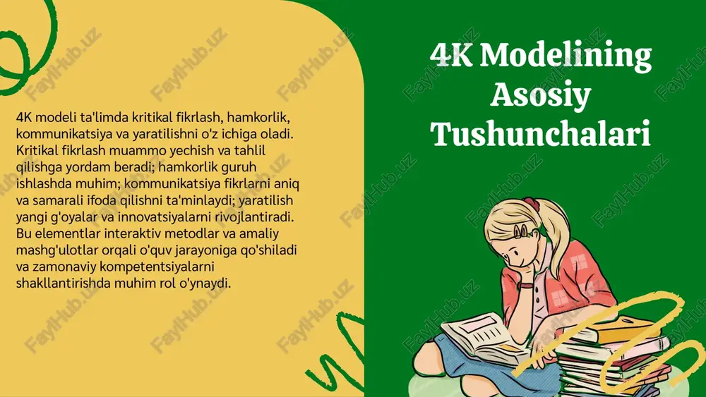 i jurnali, 2021. 2. xolmatov, a. (2020). ta'limda 4k modelini qoʻllash usullari. o‘zbekiston ta'lim nashriyoti. 3. islomova, d. (2019). kritikal fikrlash va hamkorlikni rivojlantirishda 4k modelining ahamiyati. pedagogik tadqiqotlar jurnali, 12(3), 45-58. 4. rahimov, sh. (2022). yangi ta'lim yondashuvlari: 4k modeli asosida. toshkent universiteti nashriyoti. 5. toshkent pedagogika institutining ilmiy maqolalari to'plami. (2020). ta'limda innovatsion metodlar va 4k modeli. e’tiboringiz uchun rahmat! image1.png image2.png image3.png image4.png image5.png image6.png image7.png image8.png image21.png image22.png image23.png image24.png image12.png image13.png image14.png image15.png image16.png image20.png image9.png image10.png image11.png