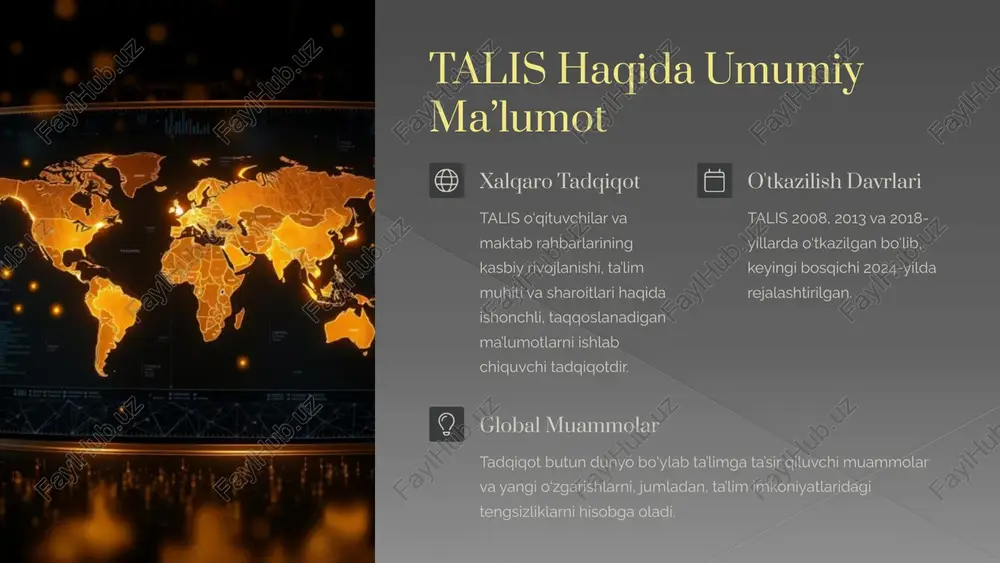 o‘qituvchi maqomi va o‘qituvchilar maoshi o‘rtasidagi munosabatlar zaif ijobiy. 8 talis tadqiqotida umumiy tavsiyalar malaka oshirish malaka oshirish kurslari ko‘proq maktablardagi amaldagi jarayonni o‘rgatishga qaratilib, tayanch maktab bazasida olib borilishi kerak. vaqt ajratish kasbiy malaka oshirish bilan shug‘ullanish uchun vaqt ajratish zarur. singapur kabi tizimlarda bu faoliyatning ajralmas qismi. muqobil yo'llar o‘qituvchilar yetishmasligi muammosini hal qilish uchun boshqa sohadagi odamlar uchun o‘qituvchilik kasbiga kirishning turli xil muqobil yo‘llarini topish zarur. 9 xulosa va keyingi qadamlar talis tadqiqoti ta'lim tizimining turli jihatlarini qiyosiy tahlil qilish va global tajriba bilan taqqoslash imkonini beradi. bu tadqiqot natijalari o'qituvchilarning professional rivojlanishini yaxshilash, ta'lim siyosatini takomillashtirish va umuman ta'lim sifatini oshirishga qaratilgan choralarni ishlab chiqishga xizmat qiladi. tahlil talis ma’lumotlari asosida ta’lim tizimidagi mavjud holatni chuqur tahlil qilish. siyosat tadqiqot natijalaridan kelib chiqqan holda, ta’lim siyosatini takomillashtirish bo‘yicha takliflar ishlab chiqish. hamkorlik xalqaro tajribalarni o‘rganish va boshqa mamlakatlar bilan hamkorlikni kuchaytirish. 10 image2.jpeg image3.jpeg image4.png …