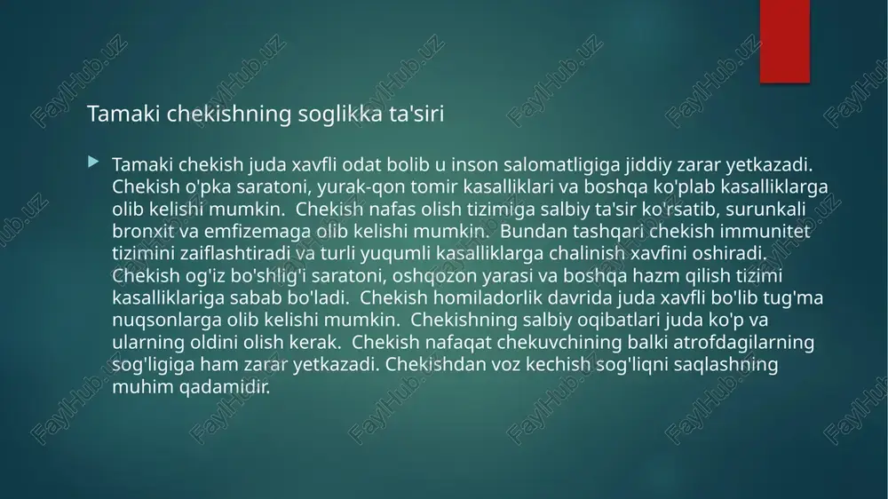 igan usullardan biridir. bu terapiya nikotinning organizmdagi miqdorini asta-sekin kamaytirishga yordam beradi. nikotin plastirlari, saqizlari va boshqa vositalar mavjud. bu vositalar nikotinning organizmga ta'sirini kamaytiradi. nikotin almashtiruvchi terapiya shifokor nazorati ostida o'tkazilishi kerak. bu terapiya hamma uchun mos kelmasligi mumkin. terapiya samarasini oshirish uchun boshqa usullar bilan birgalikda qo'llanishi mumkin. terapiya davomiyligi individual ravishda belgilanadi. terapiya yakunlangandan keyin ham tamaki chekishdan voz kechish uchun sa'y-harakatlar davom ettirilishi kerak. sog'lom turmush tarzini olib borish muhimdir. nikotin almashtiruvchi terapiya tamakidan voz kechish jarayonida psixologik yordam juda muhimdir. psixologlar chekuvchilarga tamakidan voz kechish uchun kerakli ko'nikmalarni o'rgatadilar. psixologlar stressni boshqarish usullarini o'rgatadilar. psixologik yordam tamakidan voz kechish jarayonini osonlashtiradi. psixologlar chekuvchilarga qo'llab-quvvatlaydilar. psixologik yordam chekuvchilarning o'ziga ishonchini oshiradi. psixologik yordam tamakidan voz kechish jarayonida yuzaga keladigan qiyinchiliklarni engishga yordam beradi. psixologik yordam bilan birgalikda boshqa usullarni qo'llash samaradorlikni oshiradi. psixologik yordam kasalliklarning oldini olishda muhim rol o'ynaydi. psixologik yordam yoshlar orasida tamaki chekishning …