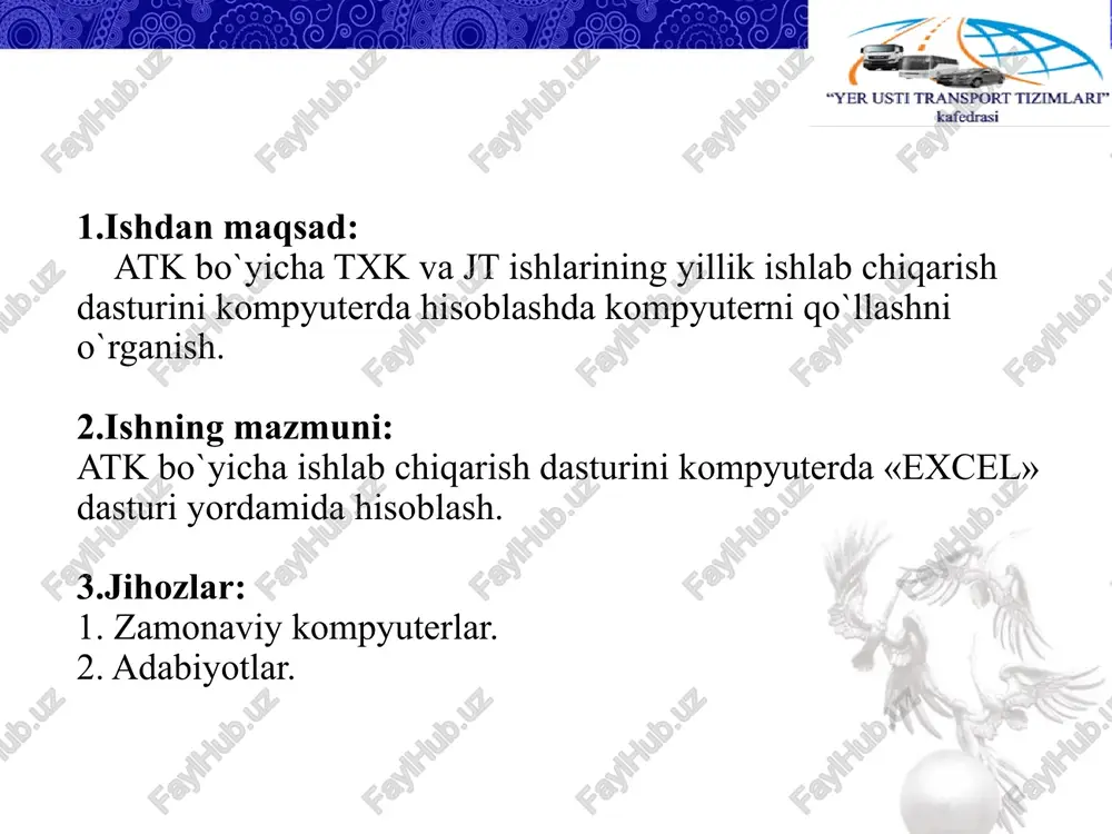 shlarini mex. hisobga oluvchi koeffistient km o’z-o’ziga xizmat ishlari ulushi do’z ko’makchi ishlar ulushi dko’m tx va qt larning ishlab chiqarish yillik dasturini aniqlash qt: nqty  nqtts  y  ai 2-txk: n2y  n2ts  y  ai 1-txk: n1y  n1ts  y  ai kxk: nkxy  nkxts  y  ai mxk: nmxy  2  ai d -1: nd-1y  1,1  n1y  n2y d -2: nd-2y  1,2  n2y umumiy avtomobillar uchun txk larning kundalik dasturini aniqlash n2y 1-txk: n2s   dik n1y 2-txk: n1s   dik nd-1y d - 1: nd-1c   dik nd-2y d - 2: nd-2c   dik nkxy kxk : nkxs   dsk hisobiy mehnat sarfini aniqlash kxk: txkx  tmkx  k5  km  k2, ishchi soat 1-txk: tx1  tm1  k2  k5 , ishchi soat 2-txk: tx2 …