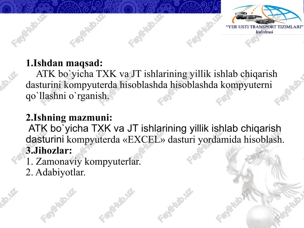 tozalash-yuvish ishlarini mex. hisobga oluvchi koeffistient km o’z-o’ziga xizmat ishlari ulushi do’z ko’makchi ishlar ulushi dko’m tx va qt larning ishlab chiqarish yillik dasturini aniqlash qt: nqty  nqtts  y  ai 2-txk: n2y  n2ts  y  ai 1-txk: n1y  n1ts  y  ai kxk: nkxy  nkxts  y  ai mxk: nmxy  2  ai d -1: nd-1y  1,1  n1y  n2y d -2: nd-2y  1,2  n2y umumiy avtomobillar uchun txk larning kundalik dasturini aniqlash n2y 1-txk: n2s   dik n1y 2-txk: n1s   dik nd-1y d - 1: nd-1c   dik nd-2y d - 2: nd-2c   dik nkxy kxk : nkxs   dsk hisobiy mehnat sarfini aniqlash kxk: txkx  tmkx  k5  km  k2, ishchi soat 1-txk: tx1  tm1  k2  k5 , ishchi soat 2-txk: …
