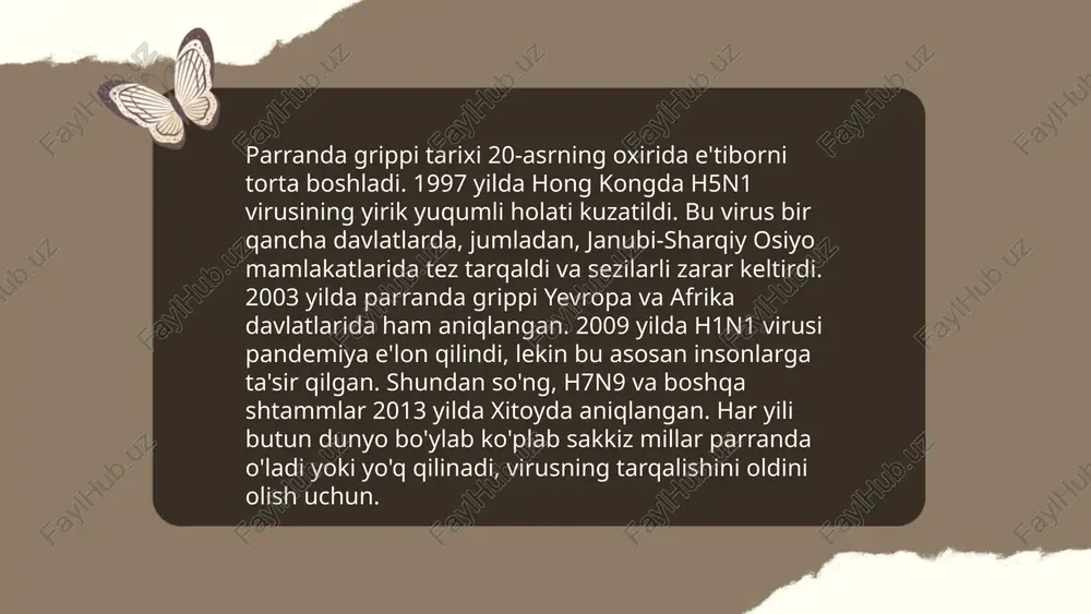 uqori bo'ladi. cho'chqa grippi insondan insonga havo orqali, yo'talish yoki aksirish paytida yuqadigan tomchilar orqali yuqadi. belgilar odatda virusga duch kelganidan keyin 1-3 kun ichida paydo bo'lishi mumkin. kasallik alomatlari 3-7 kun davom etadi, lekin ba'zi holatlarda uzoqroq davom etishi mumkin. ... t.me/slaydai_bot gripp va boshqa yuqumli kasalliklarga qarshi parranda boqishda gigiyena qoidalariga rioya qilish muhimdir. parrandani toza va quruq joyda saqlang, suv va yemni doimiy almashtirishni unutmang. veterinariya tekshiruvlaridan o'tish va emlash rejasiga rioya qilish zarur. gripp tarqalishining oldini olish uchun yangi parrandalarni karantinga oling va kasal parrandalarni alohida saqlang. parrandachilik xo'jaliklarida dezinfektsiya va sanitariya tadbirlarini tashkil etib, virus kirib kelishini kamaytirish mumkin. harorat va namlikni doimiy nazorat qiling, optimal sharoit yaratib parrandalar immunitetini oshirishga yordam bering. ... t.me/slaydai_bot grippga qarshi vaksinalar har yili ishlab chiqiladi, chunki gripp virusi mutatsiyaga uchrashi mumkin. vaksinalar a va b turdagi gripp viruslarining bir nechta shtammlariga qarshi himoya qiladi. 2023-yilgi gripp vaksinalari tarkibida …