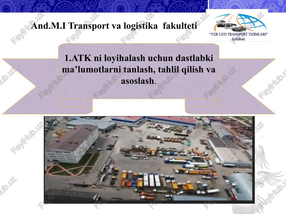 tiqboliy avtomobillar uchun yangi korxonalar loyihalanganda me’yorlar tlum-01-91dan, atklar qayta qurilayotganda yoki qayta texnik jihozlanayotganda «nizom» dan yoki korxonaning amaldagi me’yorlaridan foydalanish mumkin. bu me’yorlar ilmiy tadqiqotlar natijasida aniqlangan bo’lishi lozim. muayyan sharoit uchun texnik xizmat ko’rsatish va ta’mirlash me’yorlarini va ularning to’g’rilash koeffitsiyentlarini qo’llash tezkor to’g’rilash usuli deb ataladi. nizomdagi txk va t me’yorlari va ularning to’g’rilash koeffitsiyentlarini qo’llash resurs to’g’rilash usuli deb ataladi. quyida o’zbekiston respublikasining 1996 yil «nizomi»dagi me’yorlar keltirilgan. bu me’yorlar harakat tarkibi turiga qarab umumiy va avtomobil rusumiga qarab xususiy bo’ladi. 3. txk va ta’mirlash (t) bo’yicha ishlab chiqarish dasturini hisoblash usullari. and.m.i transport va logistika fakulteti 8 and.m.i transport va logistika fakulteti texnik xizmat ko’rsatish va ta’mirlash sonini hisoblashda 5 xil usul mavjud: 1. sikl bo’yicha analitik usul. 4. chizma usuli. 2. yillik analitik usul. 5. ehmda hisoblash usuli. 3. jadval usuli. birinchi,ikkinchi va beshinchi usullar aniq natija beradi. shuning uchun ular atk larni …