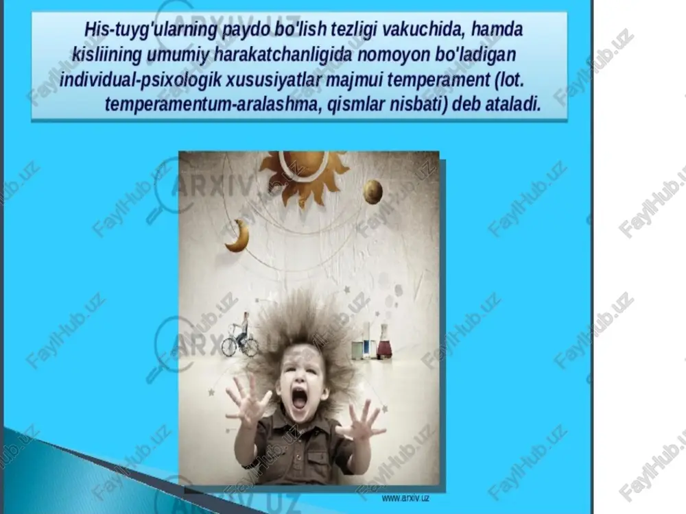 ) ga qarab uch turga bo'ladi. keyinchalik ham temperament va uning asosi haqida olimlar tomonidan _hilma-hil nazariyalar yaratildi. masalan, 18-asr ohirida yashagan immanuel kant gonning invidual xususiyatlari temperamentning tabiiy asosi hisoblanadi, degan edi. p. f. lesgaftning g’oyasi ham shu nuqtai nazarga yaqin edi. bu olim temperamentning asosida qon aylanishi (jumladan, qon tomirlari kengligi va tarangligi, ulaming bo’sh joyi diametri, yurakning shakli va hokazolar) xususiyati yotadi deb yozgan edi. 23:46 |3,1kb/sn bs & foal oat! (25) xx @ temperament ml ra : arxiv.uz yashagan immanuel kant gonning invvidual xususiyatlari temperamentning tabiiy asosi hisoblanadi, degan edi. p. f. lesgaftning g’oyasi ham shu nuqtai nazarga yaqin edi. bu olim temperamentning asosida qon aylanishi (jumladan, qon tomirlari kengligi va tarangligi, ulaming bo’sh joyi diametri, yurakning shakli va hokazolar) xususiyati yotadi deb yozgan edi. yuragi keng, barqaror intilishlarga va kayfiyatlarga, doimiy va chuqur_ his-tuyg’ularga, harakatlari va nutqi bir hil maromda bo’lgan, ruhiy holati tashqi tomonda …