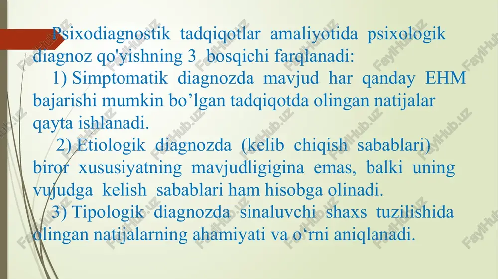 a yangi davr boshlandi, u psixometriyadagi shaxsni o'rganish yangi metodlari bo'lm ish proektiv metodlar bilan bog‘langan edi. proektiv psixologiya bir butun shaxsni o‘rganish mumkin emas, deb talqin qiluvchi psixometrik nuqtai nazar va bixeviorizmga qarshi e’tiro z bildiruvchi fan sifatida rivojlana boshladi. psixoprofilaktika - insonning shaxsi va psixik rivojlanishidagi turli xil og‘ishlami oldini olish bilan shug‘ullanuvchi amaliy psixologiya yo‘nalishlaridan biridir. psixologik tashviqot - kehg ommaga psixologik bilimlami yo- yish va targ‘ib qilish bilan bog‘iiq bo‘lgan amaliy psixologiya sohasi. psixologik korreksiya - shaxs xulq-atvori va kognitiv rivojlanishidagi turli xil buzilishlar va rivojlanishdan orqada qolishni tuzatish ishlari bilan shug‘ullanuvchi amaliy psixologiya sohalaridan biri hisoblanadi. psixologik masiahat - asosiy vazifasi normal, psixik jihatdan sog'lom bo‘lgan mijoz uchun imkon darajasida va unga mos holda xatti-harakatni amalga oshirishga yordam beruvchi ongli va ijodiy(bir qolipda bo'lmagan) usullar bilan harakat qilish uchun sharoitlar yaratishdan iborat. psixik taraqqiyotni tuzatishlar, "korreksiya qilish" atamasi dastlab defektologiyada kasal bolalarga nisbatan ishlatilgan bo`lsa, …