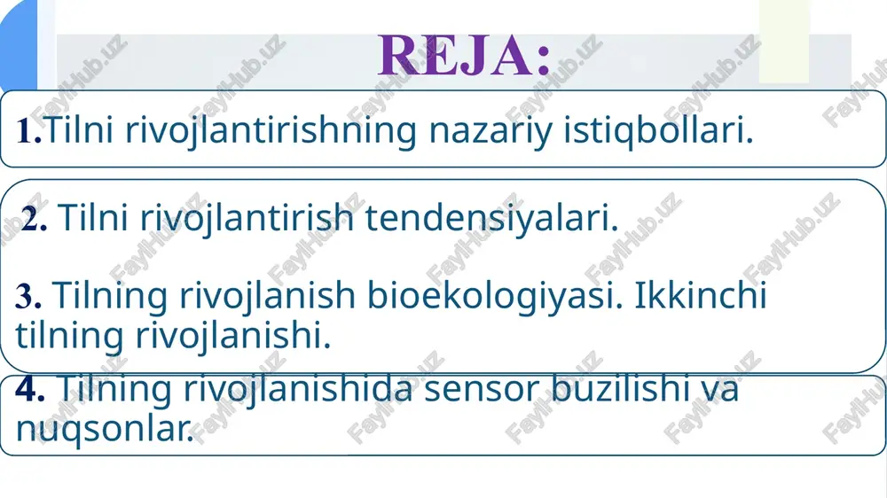 g'iladi. kognitiv jarayon nazariyalariga ko`ra bolalar turli darajadagi abstraksiya qoidalarini aniqlaydilar va qayta ko'rib chiqadilar, ba'zida boshqa xususiyatlarni (masalan, grammatik kategoriya), tilning bitta elementi (so'z ma'nosi) haqidagi bilimlardan foydalanadilar. ijtimoiy-madaniy nazariyalar kognitiv jarayon nazariyotchilari tilni egallash va undan foydalanish bilan bog'liq bo'lgan intellektual operatsiyalarni ko'rib chiqsalar, sotsial-madaniy nazariyotchilar ko'proq ijtimoiy o'zaro ta'sirlar tilning rivojlanishiga qanday yordam berishiga e'tibor berishadi. shu nuqtai nazardan qaraganda bolalar tildan foydalanishda ijtimoiylashish kuzatiladi. tilni ijtimoiylashtirish til haqida aniq ko'rsatmalarni (masalan, ota-onalar bolalardan "iltimos" va "rahmat" deb aytishni talab qilishi mumkin) va tegishli lingvistik xatti-harakatlarni yetkazishning ko'proq bilvosita vositalarini o'z ichiga oladi (masalan, ota-onalar tildagi keskin burilish va boshqa ijtimoiy madaniy konvensiyalarni modellashtirishlari mumkin). chaqaloqlarga yo'naltirilgan nutq - qisqa, sodda, baland ovozli nutq ko'pincha yosh bolalar bilan suhbatlashishda ishlatiladi. “alla” zamonaviy qarashlar asosida fikr-mulohazalar video: you tube tilni rivojlantirish tendensiyalari bolalarning birinchi aloqa shakli yig'lash bo`lsa, ko'p o'tmay jilmayish va kulish orqali va birozdan keyin imo-ishoralar …