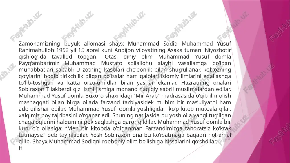 zand tarbiyasi, halol mehnat bilan kun kechirish, atrof-muhitga nisbatan oqilona munosabatda bo'lishga oid qarashlarni bayon qilganlar. shunday qilib, inson va uni tarbiyalash masalalari shayx hazratlari va boshqa allomalarimizning asarlarida insonning bilim olishi, hunar egallashi, undagi yuksak ma'naviy-ahloqiy sifatlarni ulug'lash va shunday fazilatlarga ega bo'lishga barchani chorlashdan iborat ekan. ma'naviy yuksak, zamonaviy ilm-fanni egallagan, ajdodlarimizning boy ma'naviy merosga sohib chiqqan avlodni hech qanday tashqi kuch, g'oya yoki mafkura aslo o'z ta'siriga tushira olmaydi. bunday avlodni voyaga etkazgan xalqning istiqboli porloq, kelajagi buyuk bo’ladi inshaalloh. hazratning hayotlari shu qadar ibratliki, u zot hech bir daqiqasini isrof qilmaganlar, umrlarini to'laligicha islomga bag'ishlaganlar, o'zlaridan ko'plab shogirdlar, olimlar, solih va soliha farzandlar qoldirib ketdilar. banda qachon allohga to'laligicha go'zal iymon-u taqvo bilan bo'yunsinib alloh yo'lida harakat qilsa ilm o'rgansa va ixlos bilan ibodat darajasida o'rgatsa alloh ham uning martabasini insonlar orasida shuncha yuqorilar ekan. qalbi na qadar sof bo'lgan insonni niyat va istaklari ham shu …
