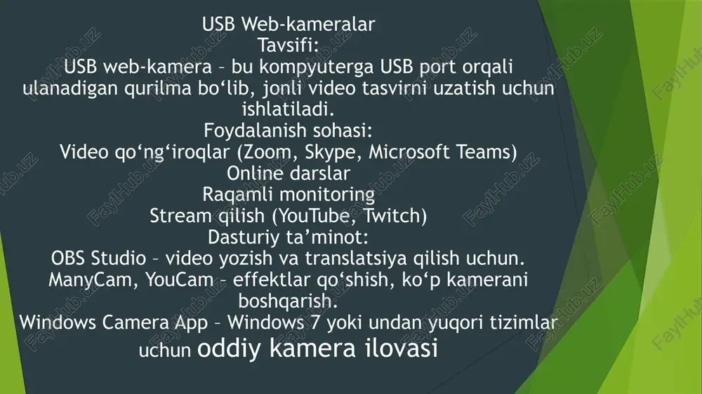 r orqali ulanadi. tashqi hdd/ssdlar keng hajmdagi ma'lumotlarni saqlash uchun ishlatiladi va ular odatda tashish uchun qulay. afzalliklar: katta saqlash hajmi, portativlik, ma'lumotlarni zaxiralash va ko'chirishda qulaylik. ssd versiyasining tezkor ishlash imkoniyati mavjud. kamchiliklar: narxi hddga qaraganda qimmatroq (ssd uchun), usb kabeli yoki boshqa ulanishlar orqali foydalanish zarurati. formatlar: jpg, png – suratlar uchun raw, nef, cr2 – professional foto formatlar mp4, avi, mov – video formatlari e’tiboringiz uchun raxmat image1.jpeg image2.jpeg image3.jpeg /docprops/thumbnail.jpeg mustaqil ish}