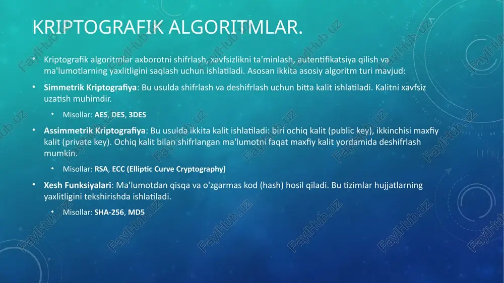 a ma'lumotlarni shifrlash, autentifikatsiya qilish va yaxlitlikni ta'minlash uchun kriptografik algoritmlar ishlatiladi. bu protsedura ko‘pincha hujjatlarni yuborish yoki veb-sayt bilan aloqada bo‘lishda xavfsizlikni oshiradi. kriptografik hujjatlarni realizatsiya qilish kriptografik algoritmlar hujjatlarni realizatsiya qilishda quyidagi usullardan foydalanish mumkin: a. hujjatlarni shifrlash va deshifrlash hujjatni shifrlash uchun, masalan, aes yordamida simmetrik kriptografiya yoki rsa yordamida assimmetrik kriptografiya ishlatilishi mumkin. bu jarayonlarda, shifrlangan hujjatni faqat tegishli kalitlar yordamida deshifrlash mumkin. b. digital imzo yaratish hujjatga raqamli imzo qo‘yish uchun rsa yoki ecdsa kabi algoritmlar ishlatiladi. hujjatni imzolash jarayonida, hujjatning xesh qiymati olinadi va maxfiy kalit yordamida imzolash amalga oshiriladi. c. xesh funksiyalari hujjatning yaxlitligini tekshirish uchun sha-256 kabi xesh algoritmlaridan foydalanish mumkin. bu orqali hujjatni olgandan so‘ng uning original yoki o‘zgartirilganligini tekshirish mumkin. kriptografik hujjatlarni boshqarish hujjatlar bilan ishlashda, kalitlarni boshqarish juda muhim. maxfiy kalitlar va sertifikatlarni xavfsiz saqlash uchun: kalit saqlash tizimlaridan (key management systems) foydalanish. xavfsiz hujjatlarni saqlash va yuborish uchun …