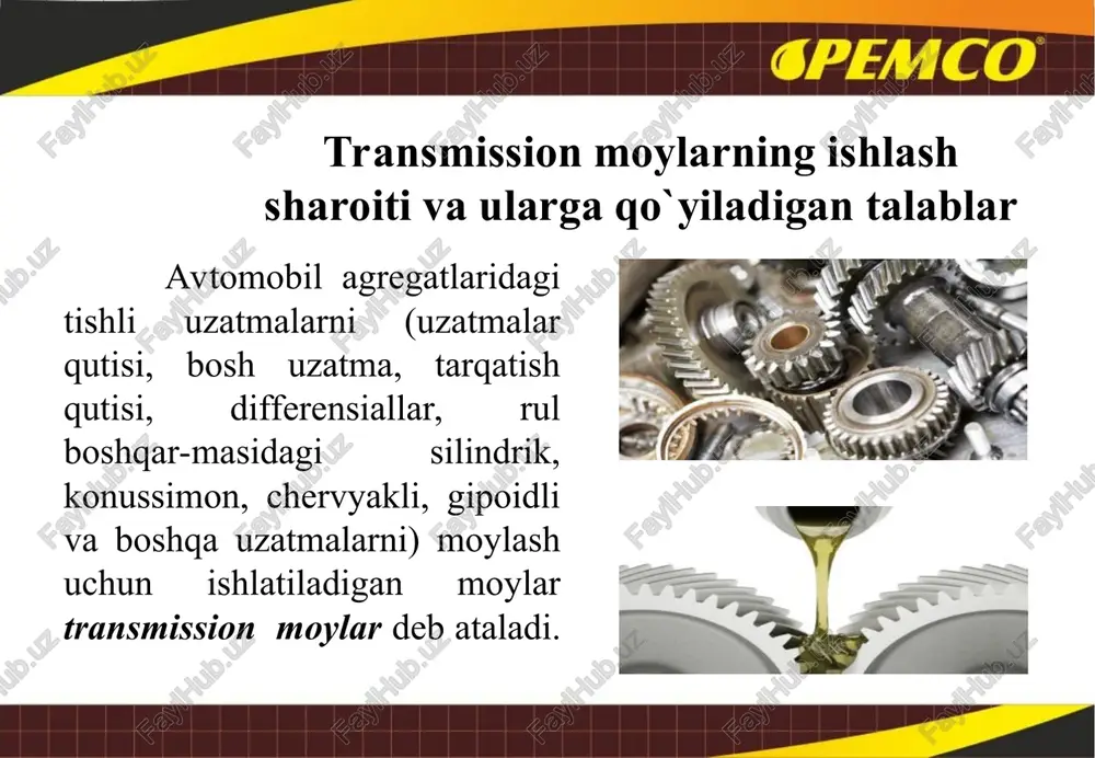 tatmay) ishlatiladigan mashinalarning transmissiyasi detallarini elektrokimyoviy korroziyadan himoyalash xususiyatiga ega. ishchi-himoyalovchi moylar, ya’ni tarkibida korroziya ingibitorlari bo‘lgan moylar, mashina detallarini 3–5 yil va hatto 10 yil va undan ham ortiq muddat ishlatilganida yoki saqlanganida himoyalash xususiyatiga ega. transmission moylarga ularni kimyoviy aktivligi, adsorbsion xossalari va termodinamik noturg‘unligini oshirish uchun ko‘p miqdorda qo‘shilma va komponentlar qo‘shiladi. moyning tarkibidagi qo‘shilmalar va komponentlar cho‘kib qolmasligi kerak va moy asosi bilan fizikaviy turg‘un bo‘lgan aralashma hosil qilishi lozim. agar moy tarkibiga quyultiruvchi polimer qo‘shilmalar qo‘shiladigan bo‘lsa, bunda moy qovushoqligini kamaytirish qaytmas jarayon bo‘lish ehtimoli borligini hisobga olish lozim. oksidlanishga qarshi turg‘unligi. transmissiya agregatlaridagi ish jarayonida moyning katalitik aktiv metallar ishtirokidagi yuqori haroratlarda havo kislorodi bilan o‘zaro ta’sirlashuvi natijasida moyning fizikaviy-kimyoviy va ekspluatatsion xossalari o‘zgaradi. natijada moyning qovushoqligi va kislotaliligi ortadi, moyda oksidlanish mahsulotlari ko‘payib ketadi. moy qovushoqligining ortishi, o‘z navbatida, moyning qovushoqlik- harorat xususiyatlarini yomonlashtiradi. kislotaliligining ortishi esa podshipnik va boshqa detallarning yemirilishiga olib …