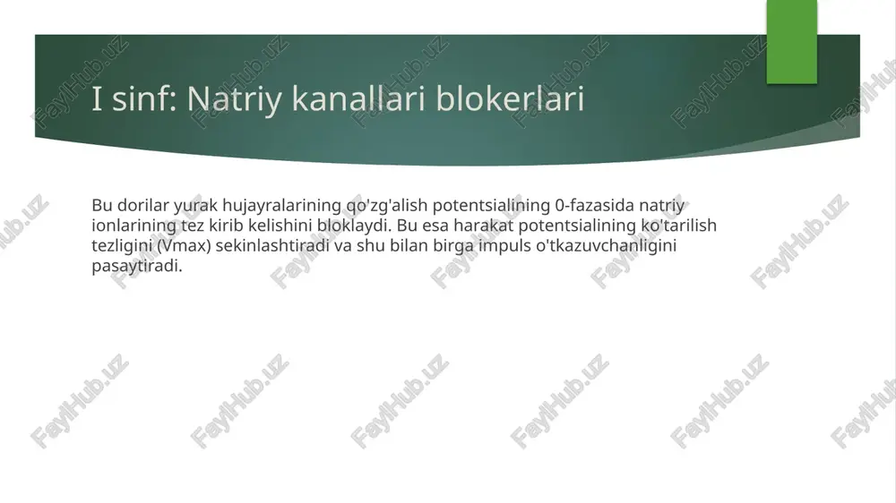 w sindromida ham qo'llanilishi mumkin. * mumkin nojo'ya ta'sirlari: proaritmik ta'sir (yangi aritmiyalarni keltirib chiqarishi yoki mavjudlarini kuchaytirishi mumkin, ayniqsa yurakning organik kasalliklari bo'lgan bemorlarda), bosh aylanishi, ko'rishning buzilishi, ko'ngil aynishi, yurak yetishmovchiligini kuchaytirishi mumkin. propafenon beta-blokerlarga xos ba'zi xususiyatlarga ham ega. * qo'llash mumkin bo'lmagan holatlar: yurakning strukturaviy kasalliklari (masalan, miokard infarktidan keyingi holat, sezilarli yurak yetishmovchiligi, chap qorincha gipertrofiyasi), sinus tuguni zaifligi sindromi, av-blokadaning yuqori darajalari (sun'iy ritm haydovchisi bo'lmasa), kardiogen shok, bronxial astma (propafenon uchun). ii sinf: beta-adrenoblokerlar (metoprolol, propranolol, atenolol, bisoprolol, karvedilol, nebivolol, esmolol va boshqalar) ta'sir mexanizmi: simpatik asab tizimining yurakka bo'lgan rag'batlantiruvchi ta'sirini kamaytiradi. ular yurakdagi beta-1 adrenergik retseptorlarni bloklaydi (ba'zilari beta-2 retseptorlarni ham bloklaydi, masalan, propranolol; karvedilol alfa-retseptorlarni ham bloklaydi). bu quyidagilarga olib keladi: * sinus tugunining avtomatizmini pasaytiradi (yurak urish tezligini kamaytiradi - manfiy xronotrop ta'sir). * atrioventrikulyar o'tkazuvchanlikni sekinlashtiradi (manfiy dromotrop ta'sir). * yurak mushaklarining qisqarish kuchini kamaytiradi (manfiy inotrop ta'sir …