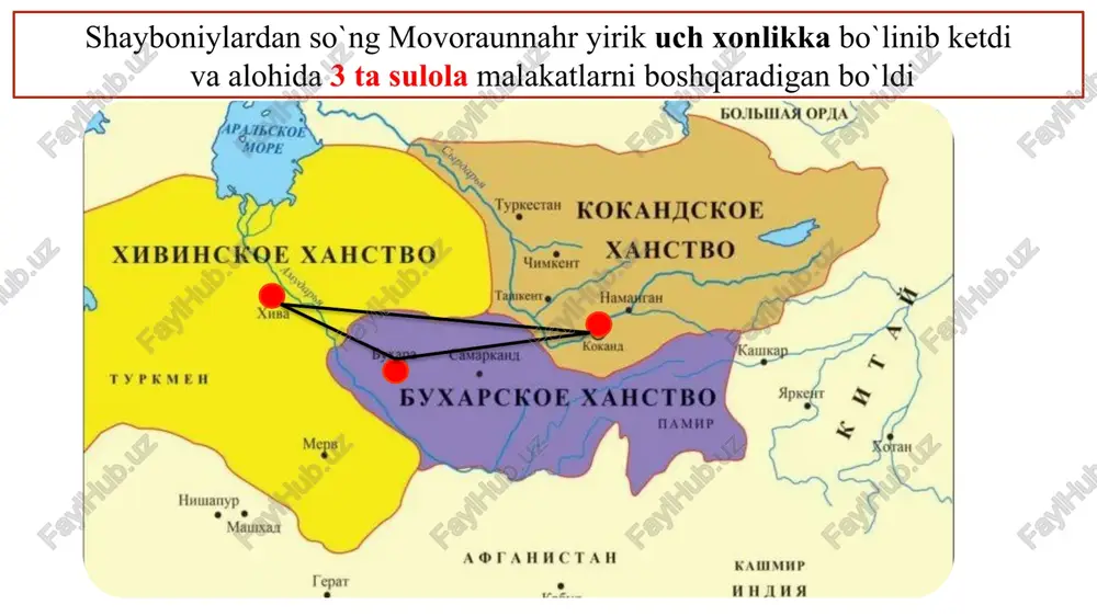 xitoy bilan raqobat qila oldi. -1732-yil qo`qon qurildi. qayonatasi oqbo`ta beyni o`ldirgan 1733-yil o`ldirilgan laqabi zolimxon. 1805-yil xon unvonini oldi. - amakisi hojibekni o`ldirgan 1810-yil oltiqushda o`g`li shoxrux bilan otib o`ldirildi nodirani eri. - 1818-yil musulmonlar amiri bo`ldi madalixon murodxon 13-yoshda taxtga chiqqan mallaxon 1875 (iyul– oktabr) nasriddin xudoyor 1822 – 1841 yil nodirani o`g`li taxtdan voz kechgan 1845-yil 7 kun xon bo`lgan va qatl etilgan 1845 – 1858 yil 1858-1862 yil andijon hokimi olimbek o`ldirgan o`rdani orqa eshigdan qochib, ruslar surgunida bo`lgan image2.png image3.jpeg image4.jpeg image5.jpeg image6.jpeg image7.jpeg image8.jpeg image9.jpeg image10.jpeg image11.jpeg image12.jpeg image13.gif image14.jpeg image15.jpeg image16.png image17.jpeg image18.png image19.jpeg image24.jpeg image20.jpeg image21.jpeg image22.jpeg image23.jpeg image25.jpeg image26.jpeg image27.jpeg image28.jpeg typkmen hinuanyp . mauxaa tepar a@pahhctah kamimh_p: hhiha a turkmenista tadjikista ne var ashgabad cans & /docprops/thumbnail.jpeg