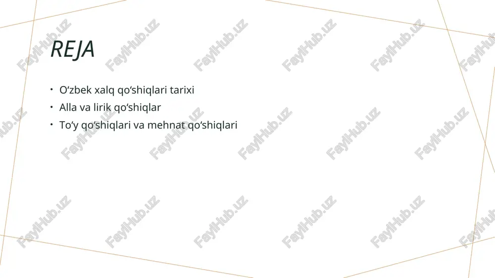 i platformalar orqali tarqatiladi. 3 yoshijad musiqachilar yosh musiqachilar xalq qo‘shiqlarini o‘z uslublariga moslashtirib ijro etishmoqda, bu esa an'anaviy va zamonaviy musiqani birlashtiradi. 4 madaniy miras xalq qo‘shiqlari madaniy meros sifatida saqlanib qolmoqda, ularning zamonaviy talqinlari esa milliy identitetni mustahkamlashda muhim ahamiyatga ega. o‘zbek allalarining tarixi va ahamiyati. 1 o‘zbek allalarining tarixi o‘zbek allalari qadimdan mavjud bo‘lib, bolalar tarbiyasida muhim rol o‘ynaydi. ular xalq an'analarini va qadriyatlarini yodda saqlashga yordam beradi. 2 madaniy ahamiyati allalar o‘zbekistonda madaniy meros sifatida muhim ahamiyatga ega. ular xalqning ruhiyatini, tarixini va tilini ifodalaydi, kelajak avlodlarga o‘tkazadi. 3 zamonaviy talqinlar bugungi kunda allalar zamonaviy musiqiy uslublar bilan birgalikda ijro etilmoqda. bu, an'anaviy qo‘shiqlarni yangi avlodga yetkazish yo‘lida muhimdir. lirik qo‘shiqlarda sevgi va his-tuyg'ular ifodasi. lirik qo‘shiqlarda sevgi va his-tuyg'ular chuqur ifodalanadi. bu qo‘shiqlar inson qalbining nozik hislarini, romantik tuyg'ularni va hayotiy tajribalarni aks ettiradi. o‘zbek lirik qo‘shiqlari sevgi, sadoqat va umid mavzularini o‘z ichiga oladi. …