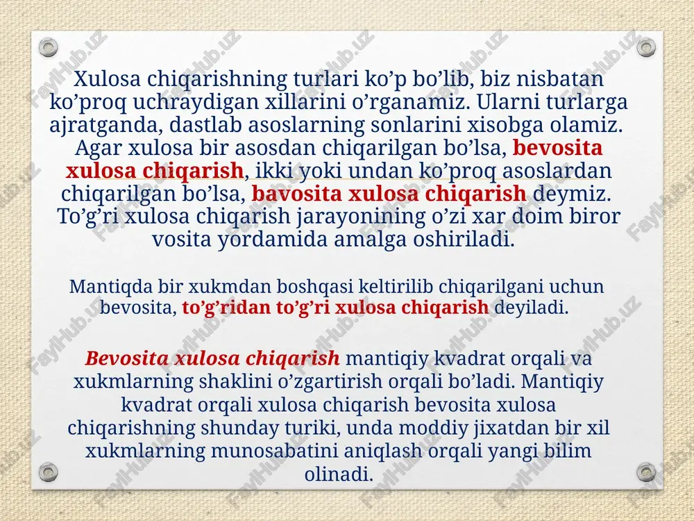 xodisalarning muxim xususiyatlarining takrorlanishini o’rganish natijasida xosil bo’ladi. analogiya analogiya shunday xulosa chiqarish turiki, unda predmetga ma’lum bir belgining xosligi xaqidagi xulosa shu predmetning boshqa predmet bilan muxim xossalariga ko’ra o’xshashligiga asoslanib chiqariladi. analogiya predmetlar, ularning xususiyatlari o‘rtasidagi aloqalar va munosabatlarga tayanadi, ya’ni u o‘zining ob’ektiv asosiga ega. mantiqda yana xulosaning aniqlik darajasiga qarab, qat’iy analogiya, qat’iy bo’lmagan analogiya va xato analogiyalar ajratiladi. analogiya bo’yicha chiqariladigan xulosaning aniqlik darajasini, ya’ni chin bo’lish extimolini oshirish uchun ma’lum bir shartlarga rioya qilish lozim. analogiyaning bir qancha turlari mavjud. o’xshatilayotgan ob’ektlarning xarakteriga qarab, xususiyatlar analogiyasi va munosabatlar analogiyasi farq qilinadi. bunda ikkita predmet o’xshatilib, biridan ikkinchisiga fikran birorta xususiyat ko’chiriladi. e’tiboringiz uchun rahmat. image12.png image13.jpeg image14.jpeg image15.jpeg image16.jpeg image1.jpeg image2.jpeg image3.jpeg image4.jpeg image5.jpeg image6.jpeg image7.jpeg image8.jpeg image11.png /docprops/thumbnail.jpeg