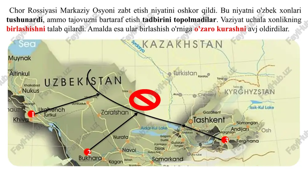 hni kuchaytiradi bundan foydalangan xudoyorxonni ukasi mallaxon qo'shin to'plab, 1858- yilda qo'qonni egalladi. 2 xudoyorxon buxoroga qochib ketdi 1862- yilda fitnachilar mallaxonni o'ldirdilar 3 xudoyorxon yana buxoroga qochishga majbur bo'ldi 4 xudoyorxon buxoro amiri yordamida 1862-yilda qo'qon taxtini egalladi alimqul xonga qarshi chiqdi va mallaxonning o`g`li sulton sayyidxonni taxtga ko`tardi xudoyorxon 1865- yilda uchinchi marta taxtni egallaydi. buxoro amirligi amir nasrullo- "qassob amir" 1oy davomida har kuni 50-100 kishini qatl qildi umarni qatl ettirdi akalari husaynni zaharlab o'ldirdi image1.png image2.jpeg image3.jpeg image4.jpeg image5.jpeg image61.png image71.png image81.png image9.jpeg image10.jpeg image11.jpeg image12.jpeg image13.jpeg /docprops/thumbnail.jpeg i © xonliklardagi o'zaro ichki kurashlar