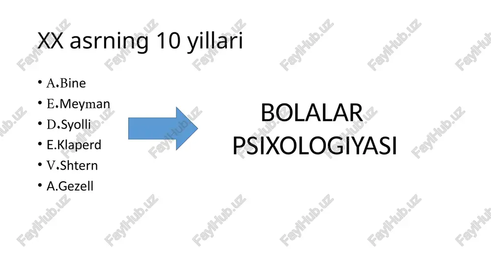 n jaxl yoki agressiya o‘rniga yo‘q qiluvchi tuyg‘ular, o‘zini o‘zi tanqid qilishga, o‘zini qadrlamaslikka aylanadi, chunki ayblanuvchida introeksiya sodir bolgan. bunday vaziyat ko‘pincha depressiya holatida kuzatiladi. ratsionallashtirish… aslida mumkin bolmagan fikr, tuyg‘u, xulq-atvorlarini oqlashga ishonchli sabablarni topuvchi himoya mexanizmi. ratsionallashtirish — psixologik himoyaning eng keng tarqalgan mexanizmi, chunki bizning xulq-atvorimiz ko‘plab omillar orqali aniqlanadi va biz uni o‘zimiz uchun ma’qul bolgan yo‘1 bilan tushuntirganimizda ratsionallashtirgan bolamiz. intellektualizatsiya… himoya mexanizmi emotsional his-tuyg‘u va kechinmalarni bartaraf etish maqsadida namoyon boladi. intellektual zaxiralarni katta miqdorda qo`llashni taqozo etadi image1.jpeg image2.jpeg image3.jpeg image4.jpeg gy gr /docprops/thumbnail.jpeg mavzu: xx asrning boshlarida bola rivojlanish nazariyalari