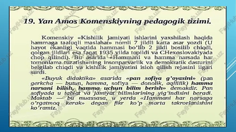 ‘bogbon garaxtlarsi parvatish adi, uning o'sh swsusiyatlarinl hisobga lad. xtrdai shinday crqituvchi frhiyalash.qonuniyatiga ho"ysinadh. ©" qiish jarayoni tbiatga sa'xshabsekinik ian -amalga oshadi“inbiylik drintspida kishin fabianing bir-bo'lagi deb: qarashi(oarda”comonian biinyod etlimagan) fablat onur uning o'sishiga ta'sis eal deyishi o'2 va gor iad. lakn ksh joy bog bib imo qomn tersnda oad tregrettesxoe wucuaqn akomehckum komenskiy, tarbiyachi_boladagi _iste’dodni o’stirishi kerak. agar bola pedagogik ta’sirsiz yashasa, bu iste’dod tasodifan o’sadi. kishi dunyoga kelganda kishiga xos iste’dodga ega bo’ladi, xuddi olmadagi urug’iga o°xshab ba’zida ko’prog, ba’zida kamrog bo’ladi. komenskiy tarbiyaning tabiatga uyg’unlik masalasida_hamma narsaning asosi 4 ta deydi. masalan: olam 4 hatsadan yuzaga kelgan, ya’ni; yer, suv, havo; yorug’lik. dunyoning rivojlanishi ham 4 qismga bo’ linadi, bular; bahor, yoz, kuz, qish. tnsonning ofsmirtke farxiy umumta’lim “goyasi. “komenskiy yashagan_davrda hammani 6’qishga tortish shart emas, qobiliyatli kishigina o’qishi kerak, degan g’oya mavjud edi. komenskiy esa o’gishga hammaning tortilishini, hamma o’z. ona tilida umum boshlang’ich ta’lim olishi …