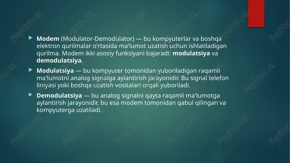 ning turli turlari va ularning texnologiyalari (analog, dsl, kabel, fiber-optik) yuqori tezlikda ma'lumot uzatish, internetga ulanish va tarmoqni boshqarish imkoniyatlarini taqdim etadi. image6.jpeg image7.jpeg image8.jpeg image9.jpeg image10.jpeg image2.png image3.png image4.png image5.png = ra “rng rab pea: dsl internet /docprops/thumbnail.jpeg ovow pana owensren ak