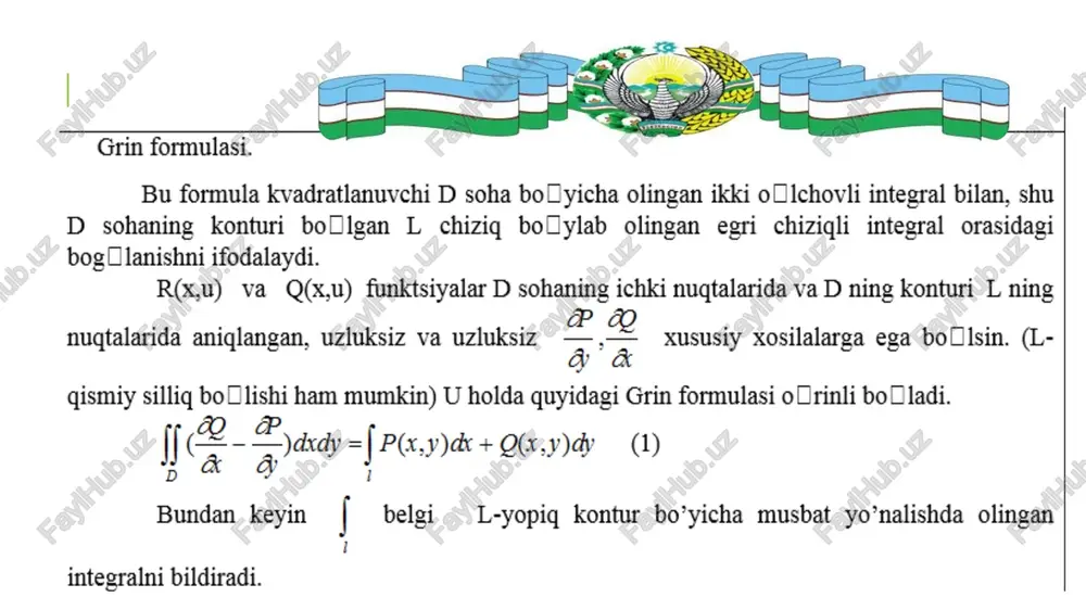 alga teng bolladi. boshgacha aytganda, egri chiziqli integral integrallash youliga emas, fagat m va n_ nugtalarning ‘olmiga bogiliq bouladi? shu savolga javob izlaymiz. shartga kora [paco | pa = ody @ « aes) =0, [pak ody~ (lpe ody =0, aks bunday xulosaga keldik: agar egri chizigl integral integrallash youliga bogdlliq ‘boliimasa, ixtiyoriy yopiq kontur bollyicha olingan integral nolga teng bolllar ekan. kolirinib turibdiki, teskari dahvo ham olrinli. yugorida qocyilgan savolga quyidagi teorema javob beradi. teorema. kvadratlanuvchi d sohaning barcha nugtalarida r(x,u) va q(x.u) funktsiyalar oozlarining 4 2 xususiy hosilalari bilan uzluksiz bollsin. [ pax + qdy integral shu d sohada todlliq yotuvchi ixtiyoriy yopig, qisman silliq l kontur boclyicha nolga teng bocllishi uchun d sohaning barcha nugtalarida 4 bbotlishi zarur va yetarlidir. a isbot. yetarliligi. grin formulasidan bevosita kelib chigadi, chunki tenglikning chap qe =0 tomonidagi integral ostidagi ifoda =.= & @ c20 bodladigan s soni mayjud, z 4 funktsiya, …