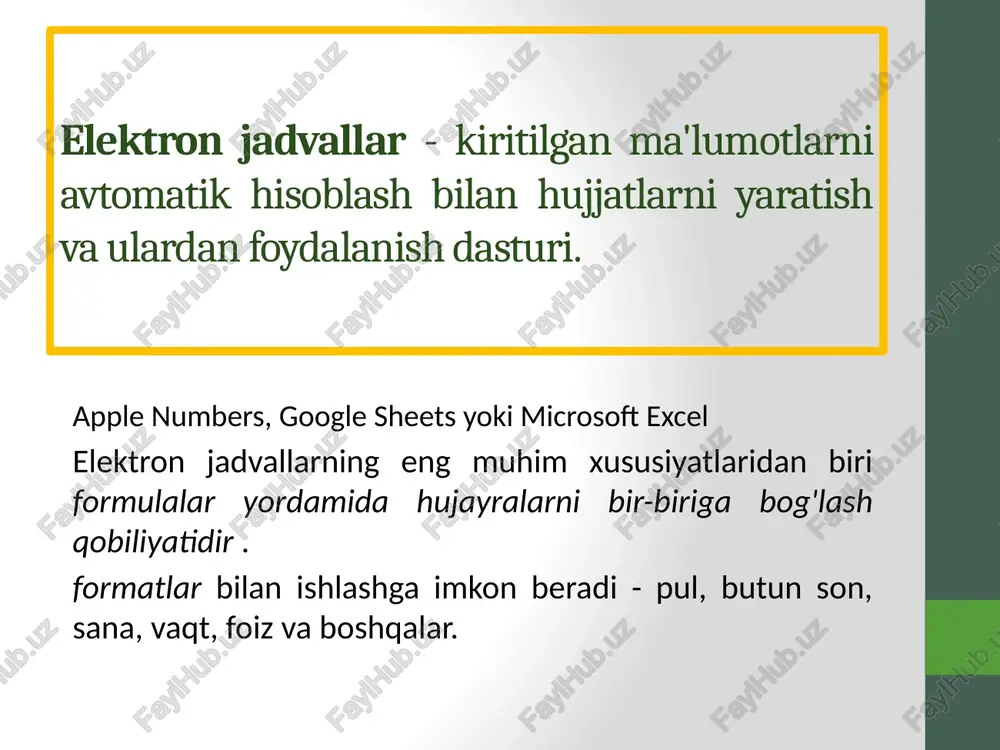 ulalarni kiritadi funktsiyani kiritadi manzil pul formati foiz formati ajratish formati sonlar chiqarishni oshirish va kamaytirish matnni aylantirish ma'lumotlar formatlari dastur avtomatik ravishda hujayraga nima kiritilganligini aniqlaydi. hammasi bo'lib excel 13 formatdan foydalanadi, ammo uchta asosiy axborot beriladi: raqam - agar banknotlardan tashqari harflar bo'lmagan raqamli ma'lumotlar kiritilsa, raqamning salbiy belgisi, foiz va daraja. formula - chiziqli belgi ko'rinishidagi ko'rsatma bo'lib, unda raqamlardan tashqari, hatto boshqa varaqlardan ham hujayra manzillari, shuningdek, funktsiya sifatida ishlaydigan maxsus buyruq so'zlari ishlatilishi mumkin bo'lgan yagona narsa, bu buni tubdan belgilaydi. satr boshida formula teng belgisi bo'lib, yakuniy format raqam yoki matn bo'lishi mumkin. matn - bu birinchi ikkita ta'rifga kiritilmagan va harflar va raqamlar to'plamidir. raqam formatlari: raqamli - 16 ta raqam ichida har qanday raqamlar, qolganlari yaxlitlanadi. pullik - pul summalari va ularni taqdim etish bilan hisob-kitoblar uchun xizmat qiladi, valyutani tanlashda uning qisqartirilgan nomi avtomatik ravishda raqamlardan keyin paydo bo'ladi va klaviaturada …