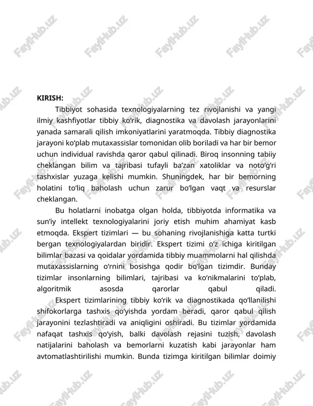 i neft oqizgan bo‘lishi mumkin. daryoda neft dog‘lari kuzatildi. asosiy maqsad — qaysi korxona neftni oqizganini aniqlash va ifloslanish sabablari hamda oqibatlarini bartaraf etishdir. eng avvalo, bunday masalani yechuvchi ekspert tizimi hisoblashni bilishi kerak. neft oqizilgan joyni taxminan aniqlash uchun neftning suvga aralashgan vaqti, daryo oqimi tezligi va yo‘nalishi kabi ma’lumotlardan foydalanish lozim. bunday ma’lumotlar yig‘ilgach, neft oqizilgan joy taxminan aniqlanadi. shundan so‘ng maxsus qoidalardan, masalan e1 va e2, foydalanib, aybdorni aniqlash mumkin. bu qoidalar evristik qoidalar deb ataladi. evristik qoidalar oddiy mantiqiy qoidalarga emas, balki ekspertning amaliy bilimiga asoslanadi. ekspert tizimlarining qo‘llanilish sohalari quyidagilardan iborat: · tibbiy diagnostika va davolash; · kimyoviy analiz va sintez; · molekulyar biologiya va gen injenerligi; · sanoatda rejalashtirish va ishlab chiqarishni tashkil qilish; · signallarni qayta ishlash; · qurilmalar nosozligini diagnostika qilish; · geologik razvedka; · avtomatlashtirilgan loyihalashning intellektual tizimlari; · o‘lchov tizimlari: ko‘rish, boshqarish, ma’lumotlar tahlili; · texnologik jarayonlarni boshqarish. ekspert tizimlari …