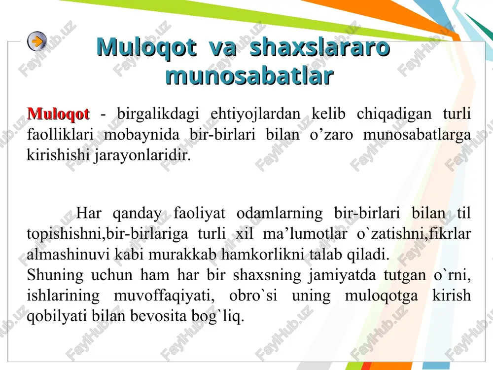 ning interaktiv tomoni – kishilarning birgalikdagi f aoliyatda bir – birlariga amaliy jihatdan ta’sir etishlari. hamkorlikda ishlash, bir – birlariga yordam berish, bir – birlaridan o`rganish, harakatlar muvofiqligiga erishish kabi qator qobiliyatlarni namoyon qilish mumkin. odamlarning turli sharoitlarda o`zlarini tutishlari xulq – atvorlarining boshqarilishi ma’lum psixologik qonuniyatlarga bog`liqligini ko`rish mumkin. bunga sabab jamiyatda qabul qilingan turli normalar, qonun qoidalardir. chunki o`zaro muloqot va o`zaro ta’sir jarayonlarida shunday xatti – harakatlar obrazlari kishilar ongiga singib tasavvurlar, xislatlar orqali boshqa birovni tushunishga harakat qilish, o`zini boshqa birov bilan solishtirish, masalan: 1 – martda uchrashuvga ketayotgan yigitning holatini uning o`rtogi yoki akasi tushunishi mumkin. stereotipizatsiya refleksiya muloqot jarayonida suhbatdoshning pozitsiyasida turib, o`zini tasavvur qilishdir, o`ziga birovning ko`zi bilan qarashga intilishdir. masalan: guruhdoshingizdan biriga ko`ylagi yarashmaganini aytish mumkin, 2-chisiga aytsam kuyyapti deb o`ylaydi deysiz. odamlar ongida muloqotlar mobaynida shakllanib o`rnashib qolgan, ko`nikib qolingan obrazlardan shablon sifatida foydalanish, bunday stereotiplar ba’zan muloqotni to`gri yunalishini ta’minlasa, …