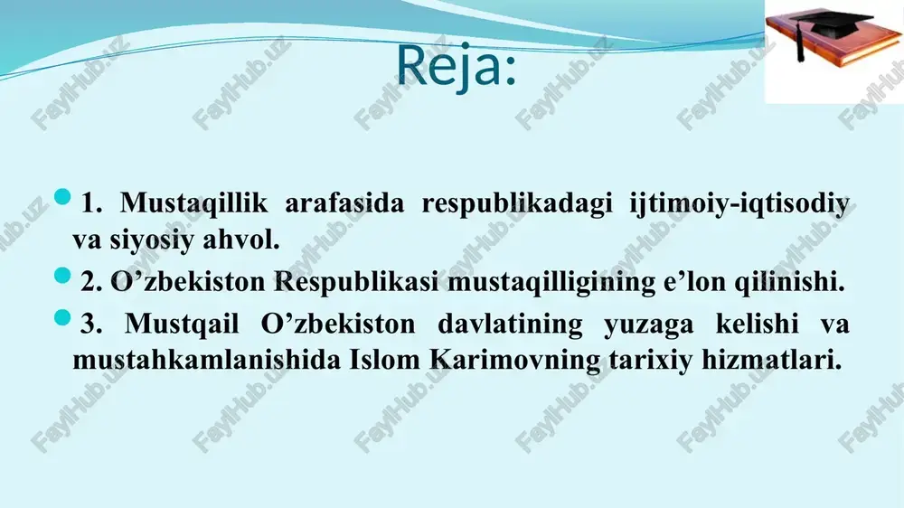 n uchrashuv o‘tkazdi. uchrashuvda prezident o‘zbekistonning nuqtayi nazarini bildirib, respublikamizda favqulodda holat joriy etishga hojat yo‘qligi, o‘zbekistonda vaziyat barqarorligi, qonunga xilof ko‘rsatmalar bajarilmasligini qat’iy ta’kidladi. 1991 yil 20 avgust kuni toshkentda o‘zbekiston ssr oliy kengashi rayosati va o‘zbekiston prezidenti huzuridagi vazirlar mahkamasining qoraqalpog‘iston, viloyatlar va toshkent shahar rahbarlari ishtirokidagi qo‘shma majlisi bo‘lib o‘tdi o‘zbekiston prezidenti i. a. karimov 1991 yil 20 avgust kuni respublika aholisiga o‘zining murojaatini e’lon qildi: “hozircha mamlakatning hokimiyat doiralari qanday yo‘l bilan, nimalar orqali, qanday siyosat orqali bu maqsadlarga erishish mumkinligi haqida to‘liq, hozircha batafsil ma’lumot berganicha yo‘q. bu ma’lumotlar bilan chuqur tanishganimizdan keyingina bo‘layotgan o‘zga-rishlarga o‘zimizning munosabatimizni albatta bildiramiz“. prezident xalqqa: „biz birovning gapiga kirib ish tutmaymiz, biz o‘zimiz tanlagan yo‘limizdan va belgilab olgan maqsadimizdan qaytganimiz yo‘q. ishonamanki, bu og‘ir sinovlardan ham eson-omon o‘tamiz“, - deb murojaat qildi. xalqni og‘ir sinovlardan o‘tayotgan bir paytda sabr-toqatli, bardoshli va vazmin bo‘lishga, tinchlikni saqlash maqsadida jipslashishga chaqirdi. islom …