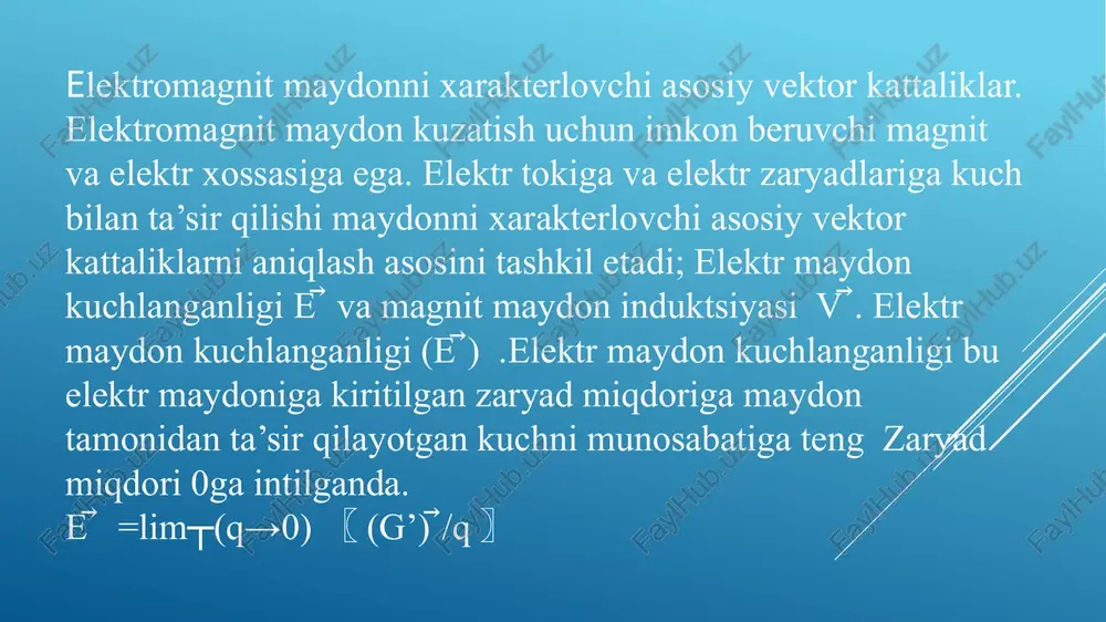 uzilgan        bac ko’paytma aralash ko’paytma deyiladi. (1.7) va (1.11) larga asosan kuyidagini yozish mumkin:                                           ncbaabcbac cossin (1.16) ravshanki, (1.16) ning o’ng tomoni  cba,, vektorlar ustiga kurilgan parallelepipedning v ‘ajmiga teng:             baabsin — parallelepiped asosinyang yuzi,              ncscos —uning balandligi. parallelepiped asosi sifatida  acvacb , , a vek-torlar ustiga k,urilgan parallelogrammlarni ‘am olish mumkin, u ‘olda ‘ajm              acbcba , aralash ko’paytmalar bilan anik,lanadi. …