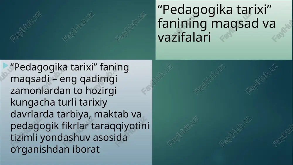 riga nisbatan yaxshi rivojlana boshlagan . pedagoka tarixini o’rganish manbalari: 1) arxeologik yodgorliklar; 2) qo’lyozmalar; 3) xalq og’zaki ijodi; 4) adabiy yodgorliklar; 5) hujjatlar; 6) badiiy adabiyot; 7) memuarlar; 8) sharq va g’arb mutafakkirlarining asarlari e’tiboringiz uchun raxmat image6.jpeg image7.jpeg image8.jpeg image9.jpeg image2.png image3.png image4.png image5.png ‘eo 12] ‘maxsus pedacogika /docprops/thumbnail.jpeg