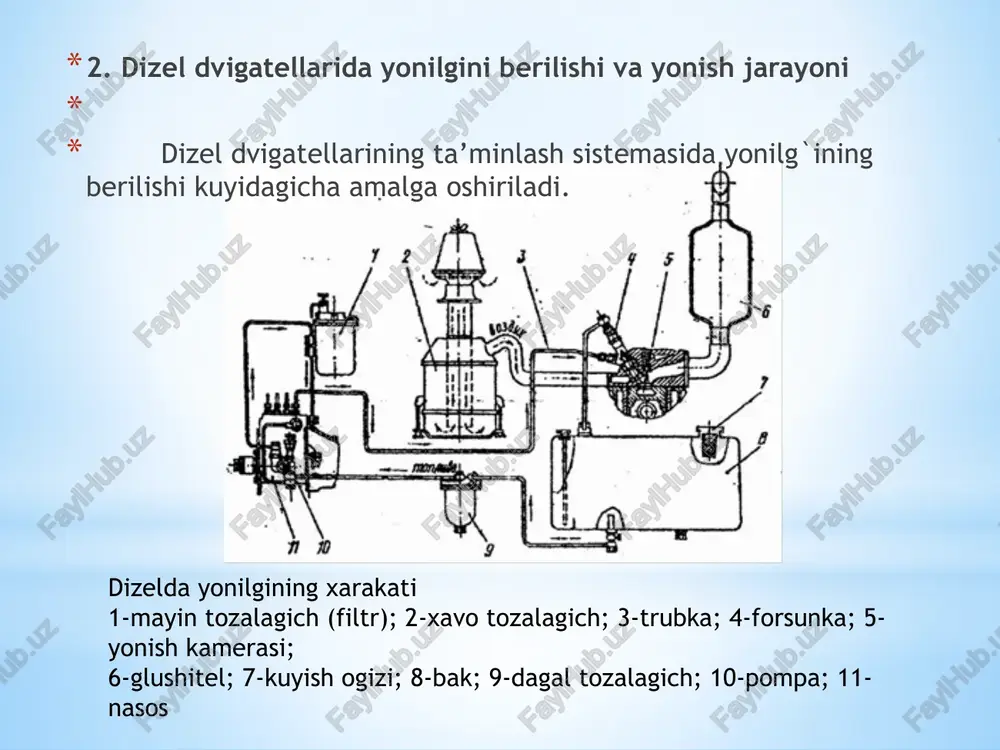 sh yoki bosimning uzluksiz oshish davri; 3-asta-sekin yonish; 4-yonishning tugashi. dizel yonilg`isini yonishiga dvigatelni konstruktiv parametrlari va sikilish darajasi kuprok ta’sir etadi, ya’ni dvigatel silindrida xarorat va bosimni oshishini, yonilg`ini yonish jarayonini yaxshilaydi. yonilg`ini purkash burchagi oshishi bilan uni uz-uzidan yonish jarayoni kechikadi, chunki yonilg`i kam sikilgan muxitga tushadi, agarda yonilg`i juda erta purkalsa, yonilg`ining ertarok yonishi natijasida bosim porshenning yukori chetki nuktaga yetmasidan oldin oshib, kuvvat ancha kamayadi va dvigatelning f.i.k. pasayadi. yonish kamerasining konstruksiyasi xavoni sikishda jadal uyurmali xarakat xosil bulishiga imkon berishi kerak, bu esa yonilg`ini isishi va buglanish vaktini kiskartirishga imkon beradi. 3. yonilg`ining o`z-o`zidan alangalanishini baholash dizel yonilg`ilari dvigatelda issiklik va bosim ostida uzidan-uzi alangalanadi, buning uchun xarorat kerakli darajada kutarilishi kerak va unga uzidan-uzi alangalash xarorati deyiladi. yonilg`i tomchisi kancha kichik bulsa, uning parlanish darajasi oshib boradi. dizel dvigatellari detonatsiya bilan ishlamaydi, fakatgina yumshok va kattik ishlashi bilan ajralib turadi. bu asosan yonilg`ining seton …