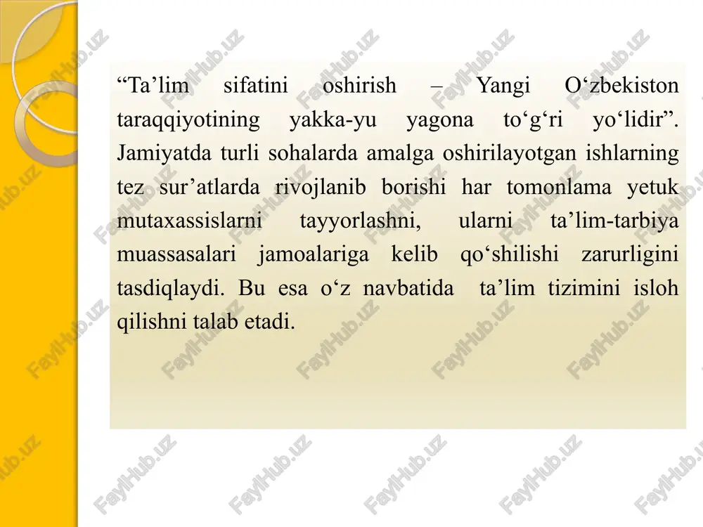 shogird ustoziga cheksiz mehr qo‘yishi, ishonishi, uning har bir so‘zi, xatti-harakatini tushunishi, unga rioya qilishi shart. shogird ustozidan o‘rganganlarini maromiga yetkazib, mustaqil ish boshlashdan oldin ustozini rozi qilib, duosini olishi ham odat tusiga kirgan. duo olmagan shogirdlarning esa kosasi oqarmagan, biri ikki bo‘lmagan. rozilik olish ko‘ngil obodligini ta’minlashdir. shogirdidan ko‘ngli to‘lgan ustozgina unga chin dildan fotiha beradi. xalqimiz “ustoz ko‘rmagan shogird - har maqomga yo‘rg‘alar” degan hikmatli iborani bejizga emas. 7 demak, bu faoliyat asosida ixtiyoriylik tamoyili bilan bir qatorda, tizimli ravishda hamkorlik mazmunida har ikkala tomonini mutaxassislik darajasini yuqori darajaga ko‘tarishi ham o‘z ifodasini topadi. ularni yuqori darajadagi umum mutaxassislik xususiyatlari bilan birgalikda madaniy muloqot, munosabat darajalari ham rivojlanib, shakllanib boradi. ya’ni ulug‘ mutafakkirlarining fikrlariga ko‘ra bo‘lg‘usi mutaxassisni har tomonlama shakllantirish uchun uni o‘zini ham har tomonlama bilish zarur degan talablar “ustoz shogird” an’analari asosida amalga oshiriladi. 8 mamlakatimizda barcha sohalarda yuqori malakali mutaxassislarni tayyorlashning uzluksiz va uzviyligini ta’minlash, …
