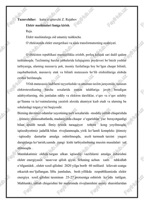 torning ixtirochisi rus elektrotexnigi m.o. dolivo-dobrovolg‘skiy bo‘ldi. 1895 yilda esa a.s.popov radiotelegrafni kashf etdi. keyinchalik olimlar tomonidan g.m.krijijanovskiy va s.i. vavilov raxbarligida elektrotexnika va energetika soxasida muxim ishlar amalga oshirildi. akademik s.i.vavilovning raxbarligi ostida yoritishning yuqori samarali turi-lyuminissent lampalar ishlab chiqildi. akademik v.f.mitkevich elektromagnetizm nazariyasini va elektrotexnikaning fizik asosini rivojlanishiga katta xissa qo‘shdi. elektr energiyaning sifati deganimizda nimani tushunamiz? elektr energiya har qanday ishlab chiqarilgan mahsulot kabi xarakterli muhim iste’mol xususiyatlariga, ya’ni o‘zining sifat ko‘rsatkichlariga ega. elektr energiyaning davlat standartlari bilan belgilangan bir necha sifat ko‘rsatkichlari mavjuddir. kuchlanishning sifati. iste’molchiga uzatilayotgan elektr energiya kuchlanishining qiymati katta ahamiyatga egadir. elektr tarmog‘ida yuklanishning o‘zgarishi kuchlanishning o‘zgarishiga olib keladi. odatda tungi vaqtda tarmoqda yuklanishning kamayishi natijasida kuchlanishning qiymati oshadi va ba’zida ruxsat etilgan qiymatidan ham oshib ketishi mumkin. kuchlanishning oshishi elektr energiya iste’molchi elektr qurilmalari ishlash muddatlarining kamayishiga olib keladi (ayniqsa, cho‘g‘lanma elektr lampalar bundan ko‘p zarar ko‘radi). kuchlanishning pasayishi elektr motorlarning aylanish …