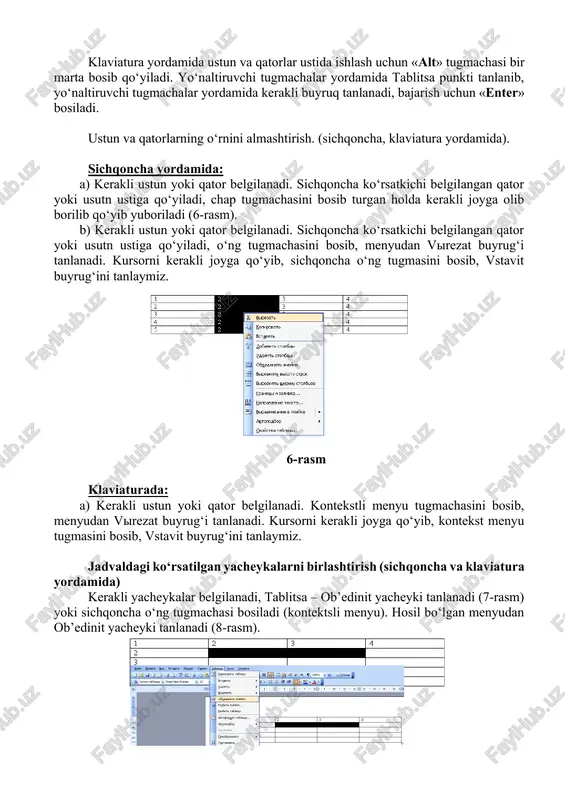 i, menyudan tablitsa – svoystva tablitsa tanlanadi. hosil bo‘lgan oynadan tablitsa – shirina (kengligi) o‘lchami qo‘yiladi, stroka-visota (balandligi) o‘lchami qo‘yiladi (10-rasm). 10-rasm berilgan ro‘yxatni kiritib, jadval ko‘rinishiga keltirish (sichqoncha va klaviatura yordamida) berilgan ro‘xat kiritiladi, kiritilgan ro‘yxat belgilanadi. menyudan tablitsa-preobrazovat-tekst v tablitsu tanlanadi. hosil bo‘lgan oynadan ustun soni kiritiladi va ok bosiladi (11-rasm). 11- rasm berilgan jadvalni yaratib, ro‘yxat ko‘rinishiga keltirish (sichqoncha va klaviatura yordamida). jadval belgilanadi, menyudan tablitsa – preobrazovat-tablitsu v tekst tanlanadi. hosil bo‘lgan oynadan znak abzatsa tanlanadi va ok bosiladi (12-rasm). 12-rasm tayyorlagan hujjatlarni fayl ko‘rinishida ishchi stolga, papkaga va h.k. saqlash (sichqoncha va klaviatura yordamida). sichqoncha yordamida: a) menyu satridagi fayl – soxranit kak … punkti tanlanadi (13-rasm). 13-rasm hosil bo‘lgan soxranenie dokumenta oynasidan (1) kerakli papka tanlanadi va (2) imya fayla satriga fayl nomi kiritiladi, saqlash uchun (3) soxranit bosiladi (14-rasm). klaviaturada: a) alt tugmachsi bosilib, fayl menyusi belgilanadi, yuqoriga yoki pastga bosilib fayl menyusi …