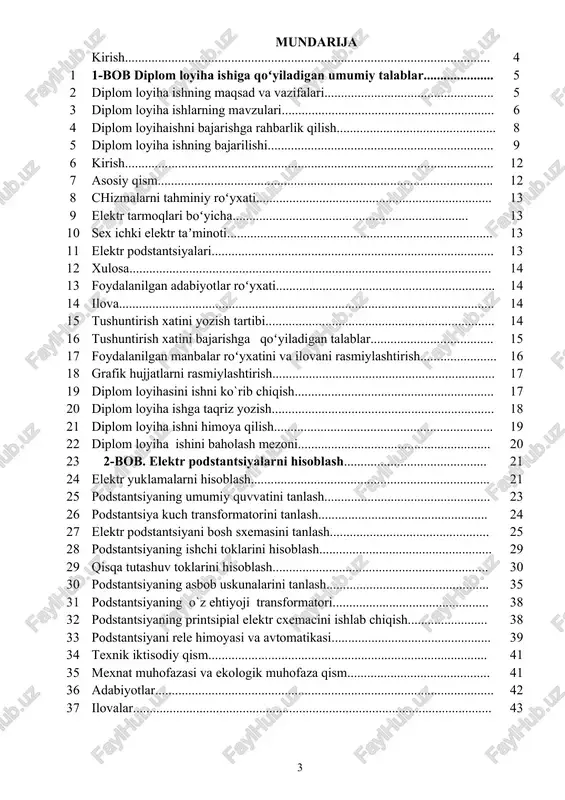 .................................................. 23 26 podstantsiya kuch transformatorini tanlash................................................... 24 27 elektr podstantsiyani bosh sxemasini tanlash................................................ 25 28 podstantsiyaning ishchi toklarini hisoblash.................................................... 29 29 qisqa tutashuv toklarini hisoblash................................................................. 30 30 podstantsiyaning asbob uskunalarini tanlash................................................. 35 31 podstantsiyaning o`z ehtiyoji transformatori............................................... 38 32 podstantsiyaning printsipial elektr cxemacini ishlab chiqish........................ 38 33 podstantsiyani rele himoyasi va avtomatikasi................................................ 39 34 texnik iktisodiy qism.................................................................................... 41 35 mexnat muhofazasi va ekologik muhofaza qism........................................... 41 36 adabiyotlar...................................................................................................... 42 37 ilovalar............................................................................................................ 43 kirish andijon mashinasozlik institutining «elektrtexnika, elektrmexanika va elektrotexnologiyalar» kafedrasi «elektr texnikasi, elektr mexanikasi va elektr texnologiyalari» yoʻnalishi boʻyicha xalq xoʻjaligining turli sohalariga energetik-bakalavrlarni tayyorlaydi. davlat taʼlim standartlarida nazarda tutilgan bakalavriat yoʻnalishiga tegishli boʻlgan bu yunalishni bitirgan talabalar, ishlab chiqarish korxonalarida, elektr taʼminlovchi tashkilot va muassalarda, muxandis va bevosita elektr tarmoqlarning xizmat koʻrsatuvchi lavozimlarida ishlashlari mumkin. bu yoʻnalish boʻyicha tugatuvchi talabalar kasb va maxsus fanlardan yaxshi tayyorgarlikka ega boʻlib, mustaqil ijodiy ish olib borishga tayyo