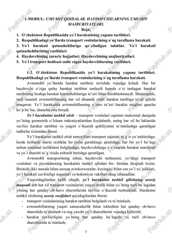 llari transport oqimini to`g`ri yo`naltirishga, kerak hollarda ularni tezliklar bo`yicha guruhlarga ajratishga, har bir yo`l bo`lagi uchun ratsional tezliklarni belgilashga, haydovchilarga o`z vaqtida harakat marshruti va yo`l sharoiti to`g`risida axborot berishga qaratilgan. avtomobil transportining ishini, haydovchi mehnatini, yo`ldagi transport vositalari va piyodalarning harakatini tashkil qilishni bir- biridan farqlash lozim. birinchi ikki masala bilan asosan avtokorxonalar, keyingisi bilan esa yo`l xo`jaliklari, yo`l harakati xavfsizligi organlari va hokimiyat vakillari shug`ullanadilar. yuqoridagilardan kelib chiqib, yo`l harakatini tashkil qilishning asosiy maqsadi deb har xil transport vositalarini yuqori tezlik bilan yo`lning turli bo`lagidan yilning har qanday ob-havo sharoitlarida xavfsiz o`tkazish tushuniladi. harakatni tashkil etishning asosiy vazifalari quyidagilardan iborat: · transport vositalarining harakat tartibini belgilash va ta’minlash; · avtomobillarning yuqori samaradorlik bilan ishlashini har qanday ob-havo sharoitida ta’minlash va eng yaxshi yo`l sharoitlarini vujudga keltirish; · harakat xavfsizligini yo`lning har qanday bo`lagida va turli ob-havo sharoitlarida ta’minlash; · atrof - muhitni bulg`atmaslik; · transport vositalarining va …