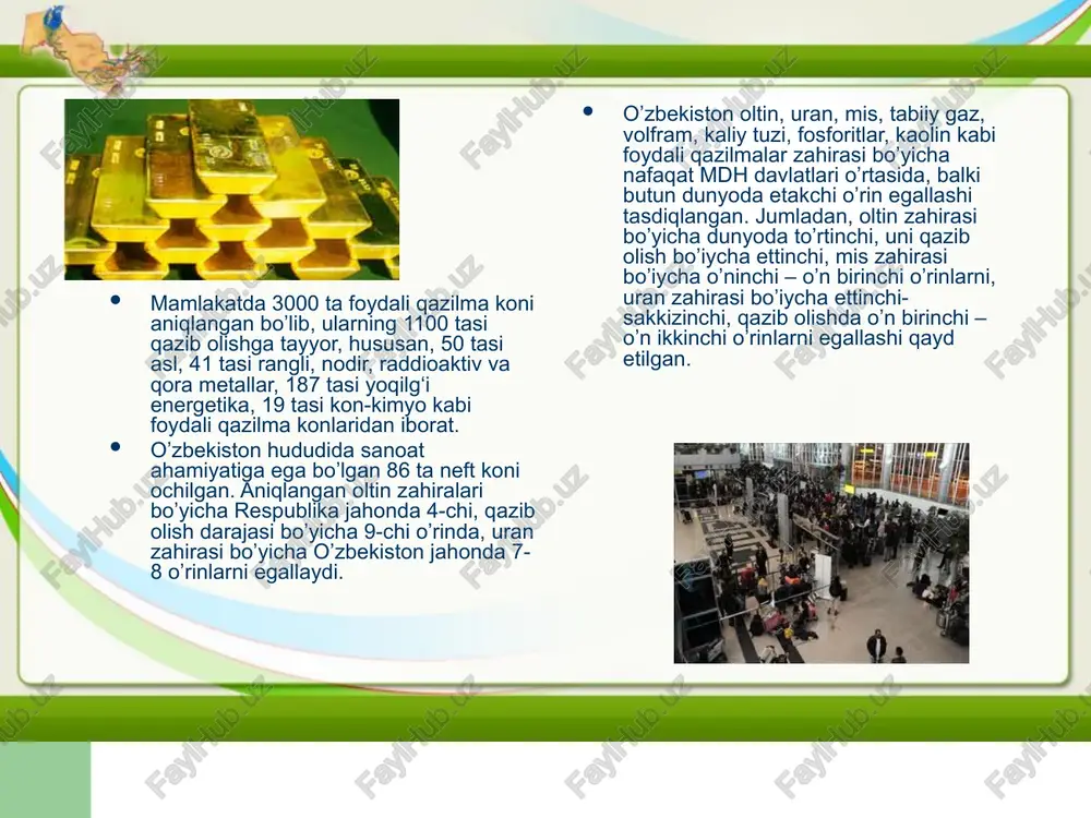 i. qimmatli qog‘ozlar bozoridagi bank operatsiyalari bo‘yicha asosiy moliya vositalari quyidagilardan iborat: • davlat qimmatli qog‘ozlari va o‘zbekiston respublikasi markaziy bankining obligatsiyalari; • depozit sertifikatlari va depozit (jamg‘arma) sertifikatlari; • korporativ obligatsiyalar; • aksiyalar. o’zbekiston respublikasi halqaro munosabatlarning to’la huquqli sub'ektidir. uning tashqi siyosati davlatlarning suveren tengligi, kuch ishlatmaslik yoki kuch bilan tahdid qilmaslik, chegaralarning dahlsizligi, nizolarni tinch yo’l bilan hal etish, boshqa davlatlarning ichki ishlariga aralashmaslik qoidalariga va halqaro huquqning umum e'tirof etilgan boshqa qoidalari va normalariga asoslanadi. respublika davlatning, xalqning oliy manfaatlari, farovonligi va xavfsizligini ta'minlash maqsadida ittifoqlar tuzishi, hamdo’stliklarga va boshqa davlatlararo tuzilmalarga kirishi va ulardan ajralib chiqishi mumkin. chet davlatlar hamda bmt va boshqa halqaro tashkilotlarida o’zbekiston respublikasining 46 diplomatik va konsullik vakolathonalari mavjud. respublika ko’plab halqaro tashkilotlar a'zosi sifatida jahon hamjamiyati bilan samarali hamkorlik qiladi. tashqi iqtsodiy aloqalar o’zbekiston respublikasining tashqi iqtisodiy aloqalar, investitsiyalar va savdo sohasidagi yangi strategiyasi quyidagi yo’nalishlarni o’z ichiga oladi: - …
