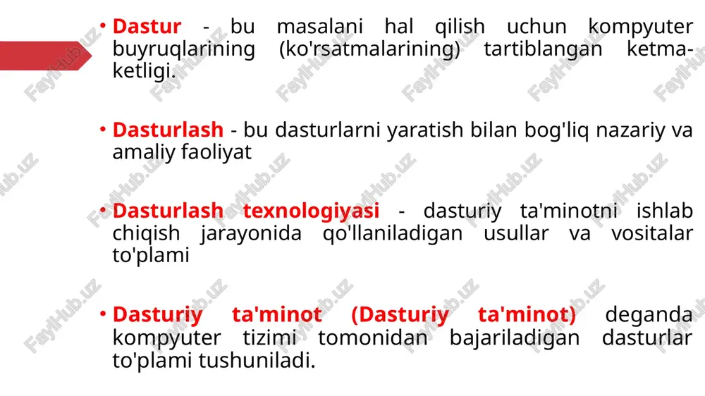 'zida bitta bayonot). . bular barcha kompyuter foydalanuvchilari uchun mo'ljallangan umumiy foydalanish dasturlari. tizim dasturlari amaliy dasturlar bilan birgalikda bajariladi va kompyuter resurslarini boshqarish uchun xizmat qiladi - markaziy protsessor, xotira, kirish-chiqish. tizimli dasturiy ta'minot kompyuterning amaliy dasturlarni samarali ishlashini ta'minlash uchun mo'ljallangan. 18 kompyuter qurilmalarining to'g'ri ishlashini tekshirish va ish paytida nosozliklarni aniqlash uchun foydalaniladigan nazorat, sinov va diagnostika dasturlari ; nosozlik sababini va joyini ko'rsating; bios ( asosiy kirish-chiqish tizimi) tizim dasturlariga quyidagilar kiradi : tizim dasturlariga quyidagilar kiradi : operatsion tizimning kiritish-chiqarish qurilmalari, operativ xotira va boshqalarni boshqarish imkoniyatlarini kengaytiruvchi dasturlari. drayvlar yordamida kompyuterga yangi qurilmalarni ulash yoki mavjudlaridan nostandart foydalanish mumkin; tizim dasturlariga quyidagilar kiradi: - utilitlar(lot. utilitas - foyda). ular operatsion tizimning tegishli imkoniyatlarini kengaytiradi va to'ldiradi yoki mustaqil muhim vazifalarni hal qiladi. pakerlar (arxivchilar), kompyuter viruslari bilan infektsiyani oldini olish va virus infektsiyasining oqibatlarini bartaraf etish uchun mo'ljallangan antivirus dasturlari 19.07.2023 22 tizim dasturlariga …