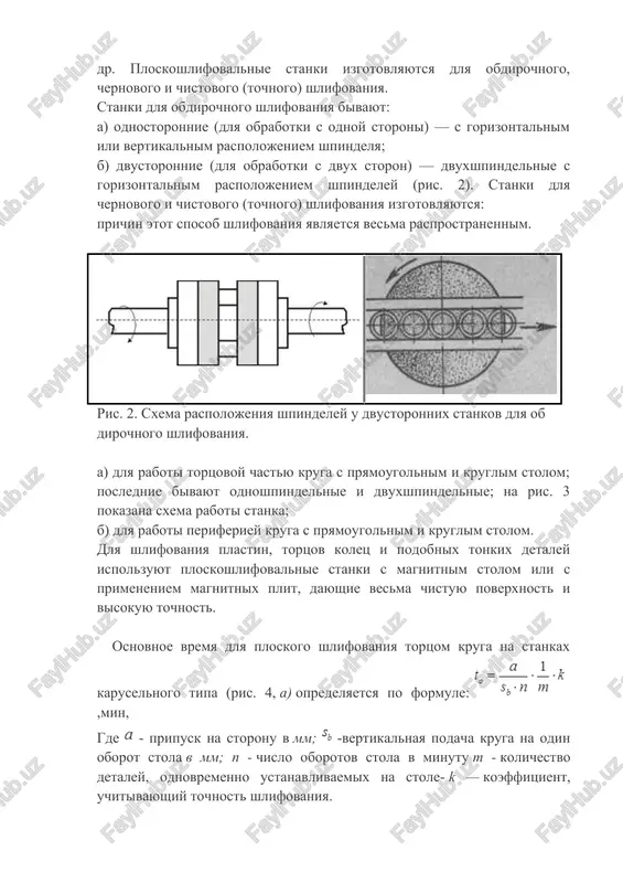 im stolom. dlya shlifovaniya plastin, tortsov kolets i podobnix tonkix detaley ispolzuyut ploskoshlifovalnie stanki s magnitnim stolom ili s primeneniem magnitnix plit, dayushie vesma chistuyu poverxnost i visokuyu tochnost. osnovnoe vremya dlya ploskogo shlifovaniya tortsom kruga na stankax karuselnogo tipa (ris. 4, a) opredelyaetsya po formule: ,min, gde - pripusk na storonu v mm; -vertikalnaya podacha kruga na odin oborot stola v mm; p - chislo oborotov stola v minutu t - kolichestvo detaley, odnovremenno ustanavlivaemix na stole- k — koeffitsient, uchitivayushiy tochnost shlifovaniya. magnitniy stol ris. 3. sxema raboti dvuxshpindelnogo ploskoshlifovalnogo stanka ris.4. sxemi ploskogo shlifovaniya. osnovnoe vremya dlya shlifovaniya tortsom kruga na stankax prodolnogo tipa (ris. 4,6 — shirina shlifuemoy poverxnosti vya menshe diametra kruga dk) opredelyaetsya po formule: ,min, gde l — dlina xoda stola v mm; — skorost prodolnogo xoda v m/min; sb— vertikalnaya podacha kruga na odin proxod v mm. osnovnoe vremya dlya shlifovaniya periferiey …