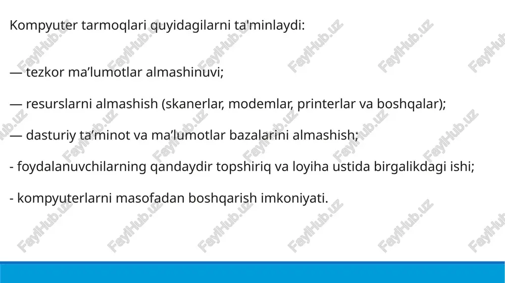 rmoqlarning kichik o'lchamlari ularni qurish uchun juda qimmat va yuqori sifatli texnologiyalardan foydalanishga imkon beradi, bu esa kompyuterlar o'rtasida axborot almashinuvining yuqori tezligini ta'minlaydi. 2. global tarmoqlar ( wan - wide area network - mavjud tarmoqlarning kommutatsiyalangan yoki ajratilgan kanallari asosida qurilgan yoki gan - global area network - sun'iy yo'ldosh va yer usti aloqa liniyalaridan foydalanish asosida qurilgan). global tarmoqlarga alohida kompyuterlar va bir-biridan sezilarli masofada (yuzlab va minglab kilometrlar) joylashgan mahalliy tarmoqlarni birlashtirish uchun mo'ljallangan tarmoqlar kiradi. ixtisoslashgan yuqori sifatli shaharlararo aloqa kanallarini tashkil qilish ancha qimmat bo'lganligi sababli, global tarmoqlar ko'pincha kompyuter tarmoqlarini qurish uchun mo'ljallanmagan mavjud liniyalardan foydalanadi (masalan, telefon yoki telegraf). shu munosabat bilan bunday tarmoqlarda ma'lumotlarni uzatish tezligi mahalliy tarmoqlarga qaraganda ancha past. tarmoqlari (wan) - bu alohida kompyuterlar va bir-biridan sezilarli masofada (yuzlab va minglab kilometrlar) joylashgan mahalliy tarmoqlarni ulash uchun mo'ljallangan tarmoqlar. ixtisoslashgan yuqori sifatli shaharlararo aloqa kanallarini tashkil qilish ancha qimmat …
