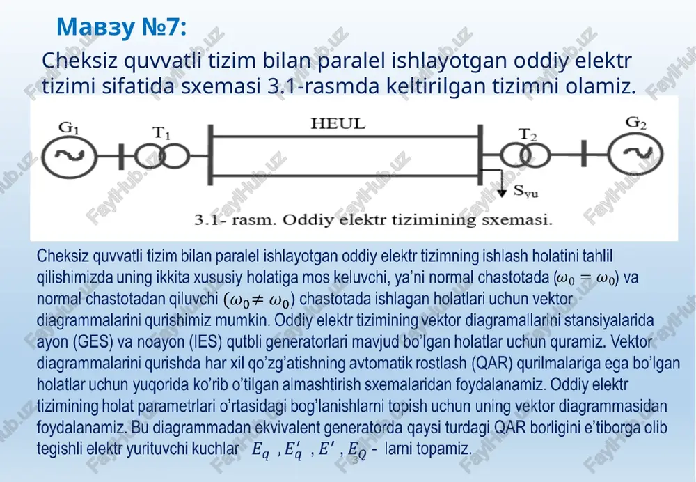 tizimda kuchlanish pasayishi va elementlarlarning aktiv qarshiliklarini maksimal quvvat uzatishga ta’siri sxemasi 3.1- rasmda keltirilgan oddiy elektr tizimi misolida aktiv quvvatni uzatish chegarasini kuchlanish pasayishi va elementlarning aktiv qarshiliklariga bog‘liqligi bilan tanishamiz. elektr stansiyasining ekvivalent generatori ( g1) uzun havo elektr uzatish liniyasi orqali cheksiz quvvatli tizim (g2,, u 0 =sonst, f 0 =sonst) bilan parallel ishlamoqda (3.1 - rasm). tizimning dastlabki normal ish holatida uzatilayotgan quvvat p t1 =p 0 bo‘lib, generatorning elektr yurituvchi kuchi e q va cheksiz quvvatli shina kuchlanishi u 0 vektorlari orasidagi burchak δ 0 ga teng. normal boshlangich holatda yuklamaga uzatilayotgan љuvvat p t1 = p o ga teng bo‘lsin. tizim kuchlanishi vektori bilan ichki eyuk eq orasidagi boshlan�ich burchakni  0 bilan belgilaymiz. bu burchak normal holatda tizimga uzatilayotgan aktiv quvvatga proporsional. tizimning boshlang‘ich ish holati 1 nuqtaga mos keladi (3.6 -rasm). uzatuvchi stansiyadan tizimga uzatilayotgan aktiv quvvatning qiymatini oshirish uchun turbin aning …