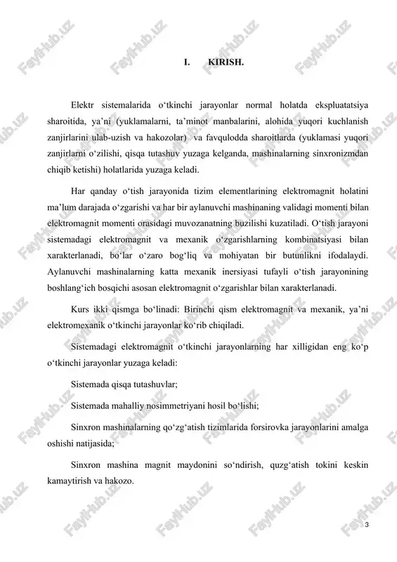 li yerga ulangan sistemalarda qo‘yidagi asosiy turdagi qisqa tutashuvlar bo‘lishi va ular bir nuqtada sodir bo‘lishi mumkin: uch fazali (𝐾𝑛(3) ); ikki fazali 𝐾𝑛(2) ; bir fazali 𝐾𝑛(1) ; ikki fazali yer bilan 𝐾𝑛(1.1) . zamonaviy yelektr tizimida yelektromagnit o‘tish jarayonini hisoblash, barcha mavjud sharoitlarni hisobga olgan holda, juda murakkab va amalda mumkin yemas, shuning uchun boshlang‘ich shartlarni va yeritmaning oraliq yelementlarini soddalashtirish uchun bir qator taxminlar kiritiladi; ko‘pgina amaliy muammolarni hal qilishda quyidagi asosiy taxminlar amalga oshiriladi: 1. magnit tizimining to‘yinmaganligi, bu barcha tizimlarni chiziqli olib keladi. 2.nol uch fazali tizim asimmetriyasi. 3. yuklarni taxminiy hisoblash; o‘tkinchi jarayonning bosqichiga qarab, yuk ma’lum bir doimiy qarshilik bilan tavsiflanadi. 4. faol qarshiliklarning yo‘qligi; bu taxmin tizimning yuqori kuchlanishli qismining asosiy aloqalarida tranzitlarni o‘rganishda amalda qo‘llaniladi. ii. ishning maqsadi va boshlang‘ich ma’lumotlar. o‘y vazifasi kompleks topshiriq ko‘rinishga ega bo‘lib simmetrik va nosimmetrik qisqi tutashuv (qt) holatlarini hisoblashni o‘z ichiga oladi. bu topshiriqni …