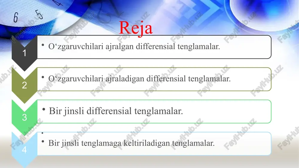 ish yo‘li bilan uni o‘zgaruvchilari ajralgan tenglamaga keltirish mumkin. ya’ni, (4) ko‘rinishdagi tenglamaga ega bo‘lamiz. misol. 1) quyidagi tenglamaning umumiy yechimi topilsin. berilgan tenglamani ko‘rinishda yozib olamiz. bu tenglama o‘zgaruvchilari ajraladigan tenglamadir. deb faraz qilib umumiy yechim hosil bo‘ladi. 2) o’zgaruvchilari ajraladigan differensial tenglamalarni yechishda bajariladigan harakatlar ketma-ketligini ayting. savollar birjinsli differensial tenglamalar agar  ning har qanday qiymatida ayniyat o‘rinli bo‘lsa, funksiya va o‘zgaruvchilarga nisbatan o‘lchovli birjinsli funksiya deyiladi. misollar. 1) funksiya ikki o‘lchovli birjinsli funksiya, chunki 2) funksiya nol o‘lchovli birjinsli funksiya, chunki differensial tenglamada funksiya va ga nisbatan nol o‘lchovli birjinsli funksiya bo‘lsa, (6) tenglama birjinsli differensial tenglama deyiladi. birjinsli differensial tenglamani quyidagicha yechamiz: (6) tenglamadagi funksiya nol o‘lchovli birjinsli funksiya bo‘lgani uchun bo‘ladi. bu ayniyatda deb olsak bo‘ladi. bu holda (6) tenglama ko‘rinishga keladi. o‘zgaruvchilarni almashtiramiz: u holda bo’ladi. integrallagandan so‘ng o‘rniga qo‘ysak (7) tenglamaning umumiy integrali hosil bo‘ladi. o‘zgaruvchilarni almashtirish natijasida o‘zgaruvchilari ajraladigan differensial tenglamaga …