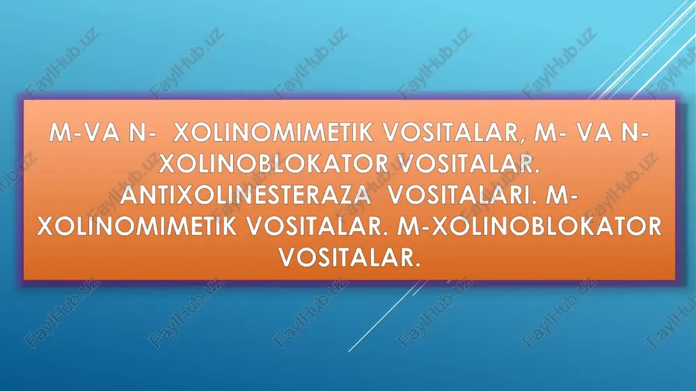 bu dori ax o’xshaydi, lekin xolinesteraza fermenti uni gidrolizlamaydi, shuning uchun u turg’un va ta’siri davomlidir. karboxolin m-van-xolinoresteptorlarni baravariga qo’zg’atadi ax chaqirgan o’zgarishlar sodir bo’ladi. tibbiyotda karbaxolin glaukomada, ichak va peshob pufagini atoniyasini bartaraf qilishda qo’llaniladi. antixolinesteraz vositalar ular axni gidrolovchi xolinesteraza fermenti faolligini susaytirib gangliya va neyroeffektor sinapslarda axni to’planishiga olib keladilar. bunda axning kuchli va davomli ta’siri yuzaga chiqadi, xuddi m-van-xolinoresteptorlari qo’zg’algandek, lekin ta’sir bunda bevosita emas, balki bilvosita, ya’ni ushbu gurux preparatlari xolinoresteptorlarga o’zlari ta’sir ko’rsatmaydilar . astetilxolinesteraza fermenti bilan xosil qiladigan birikmasining tabiatiga qarab antixolinesteraz vositalar 2ga bo’linadi: qaytar ta’sirli dorilar (fizostigmin, prozerin, galantamin) qaytmas ta’sirli dorilar (fosfakol, fosfororganikbirikmalar) antixolinesteraz vositalar quyidagi xastaliklarni davolashda qo’llaniladi: glaukoma (prozerin, fizostigmin, fosfakol). galantamin bu kasalliklarda ishlatilmaydi, chunki maxalliy qitiqlovchi xususiyatiga ega, konyuktivani shishiga olib keladi; o’tkazilgan polimielitni qoldiq xolatlarini va miasteniya bilan kechuvchi boshqa nevrologik xastaliklarda qo’llaniladi. chunki antixolinesteraz moddalar mnsni kuzatadi va nerv-mushak sinapslari o’tkazuvchanligini oshiradilar. bunday xolatlarda …